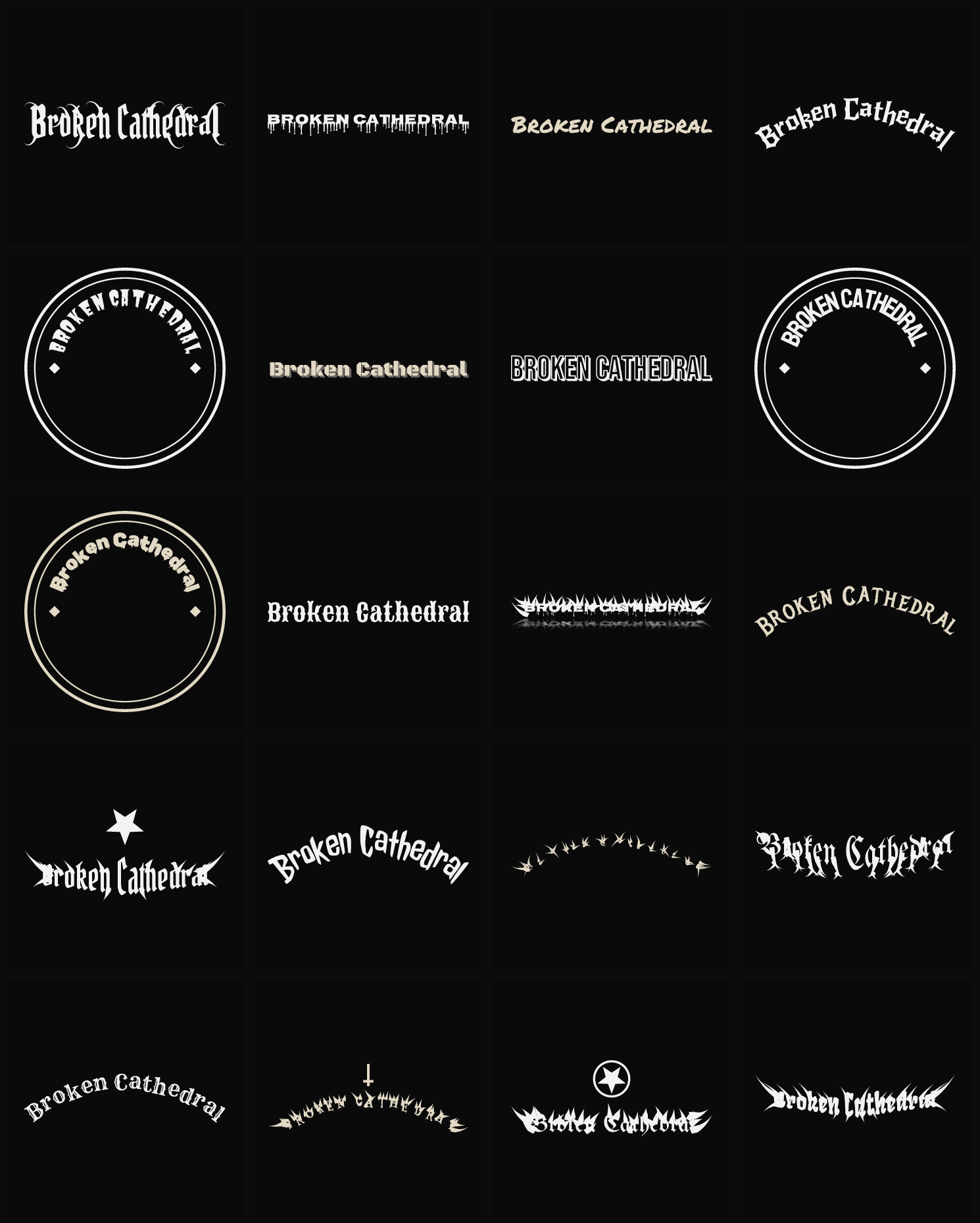 Twenty Broken Cathedral band logo ideas — different faces, treatments and spike settings