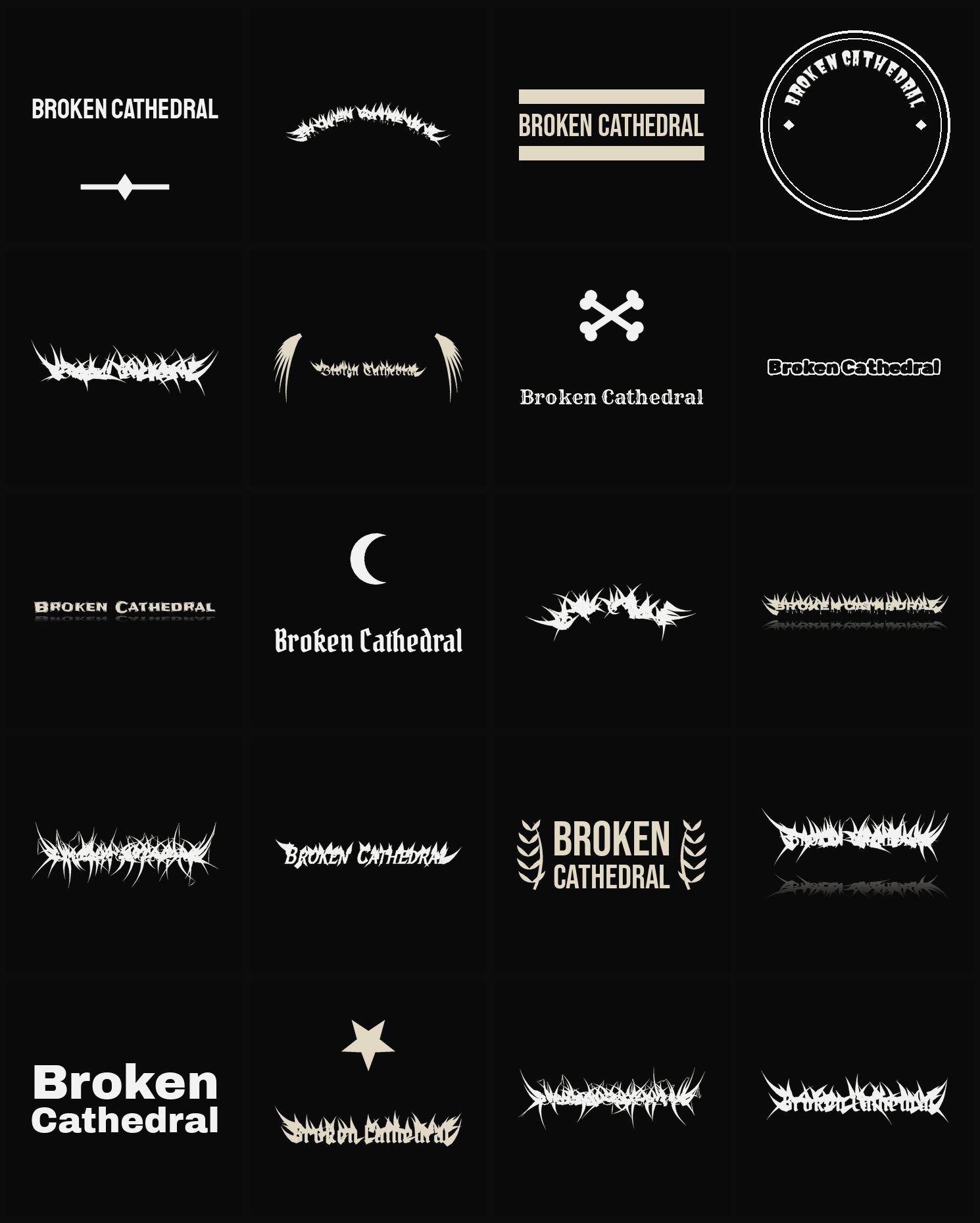 Twenty Broken Cathedral band logo ideas — different faces, treatments and spike settings