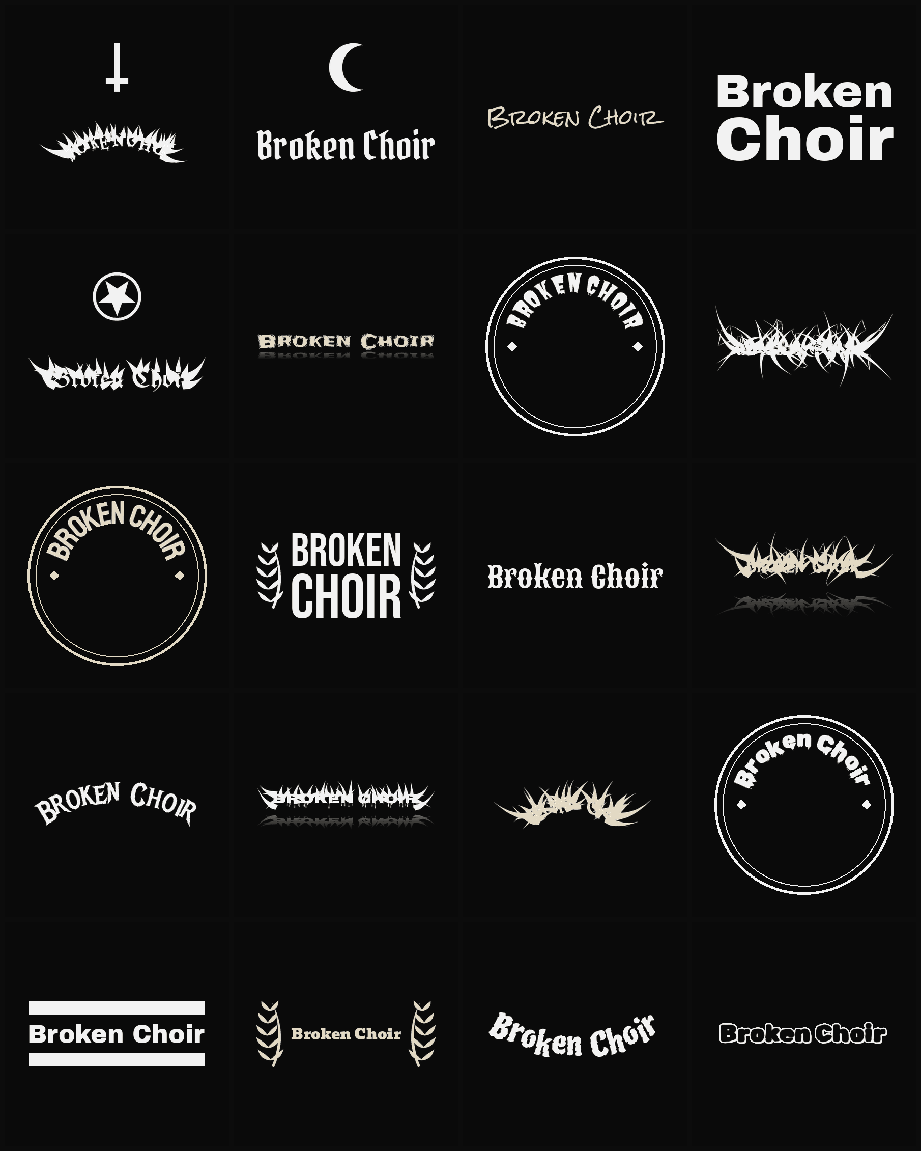Twenty Broken Choir band logo ideas — different faces, treatments and spike settings