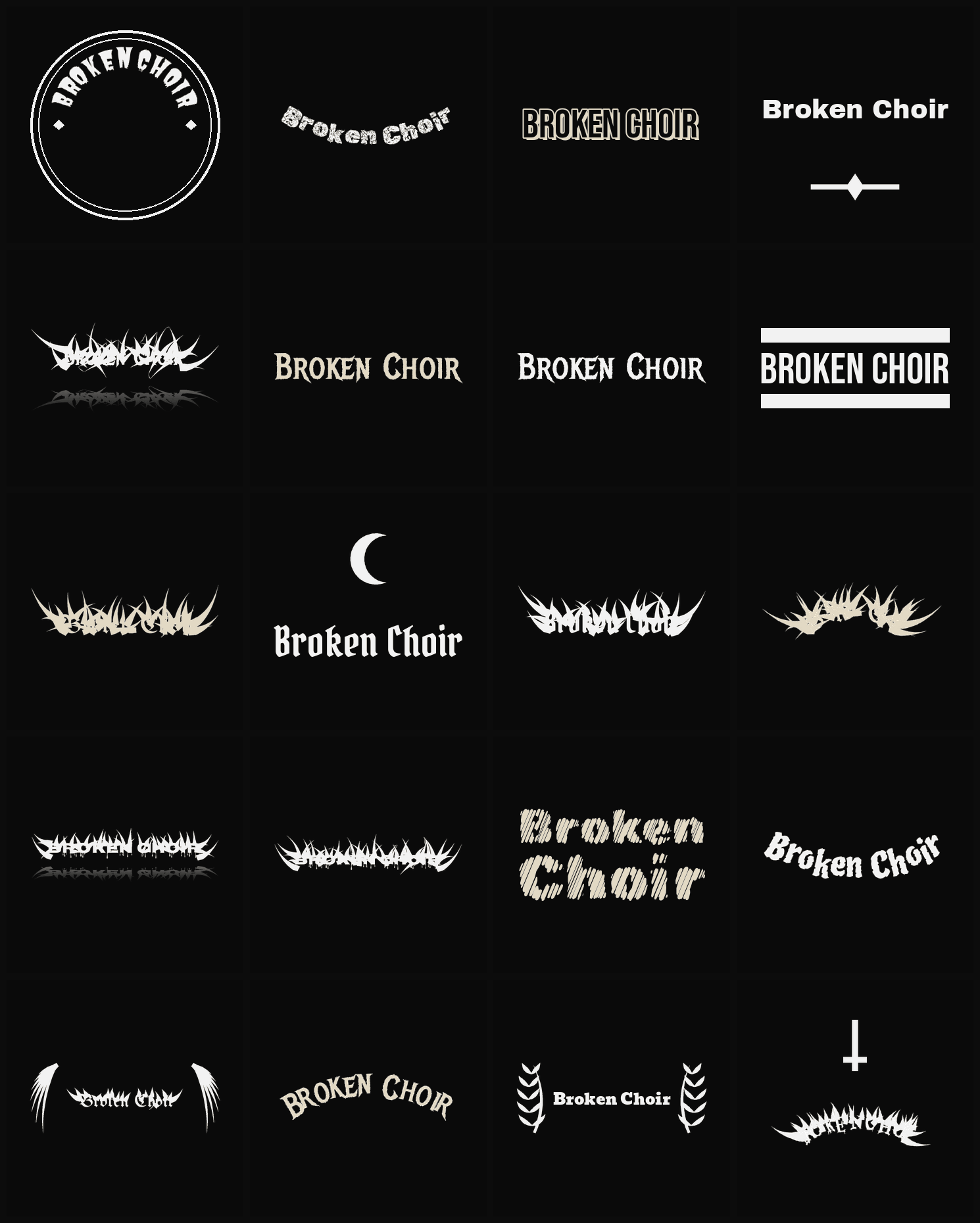 Twenty Broken Choir band logo ideas — different faces, treatments and spike settings