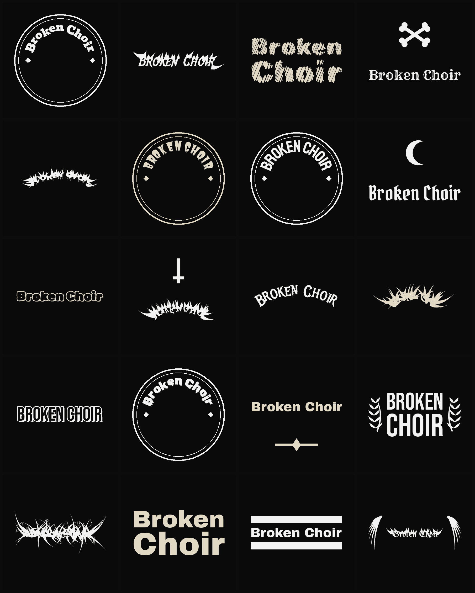Twenty Broken Choir band logo ideas — different faces, treatments and spike settings