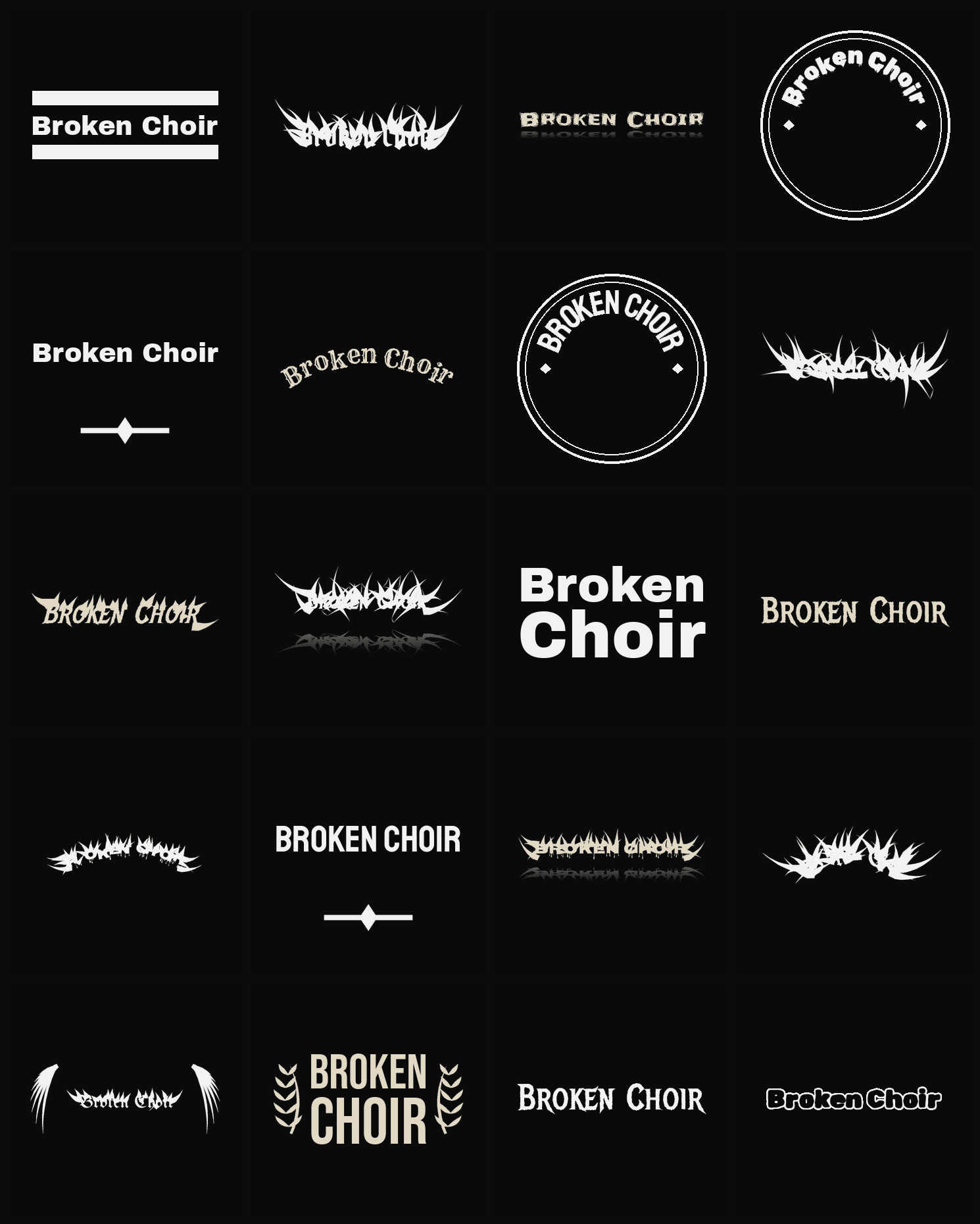 Twenty Broken Choir band logo ideas — different faces, treatments and spike settings
