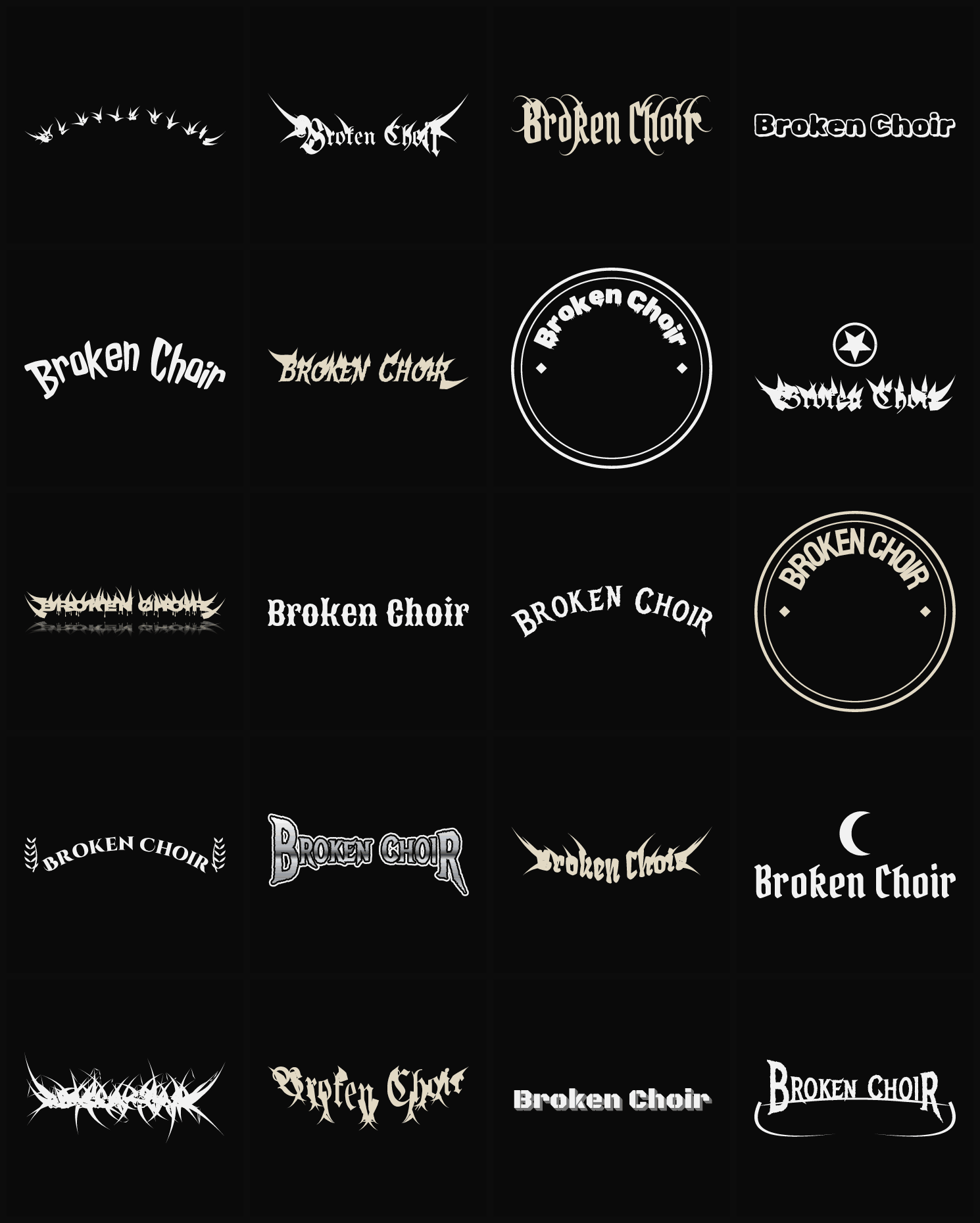 Twenty Broken Choir band logo ideas — different faces, treatments and spike settings