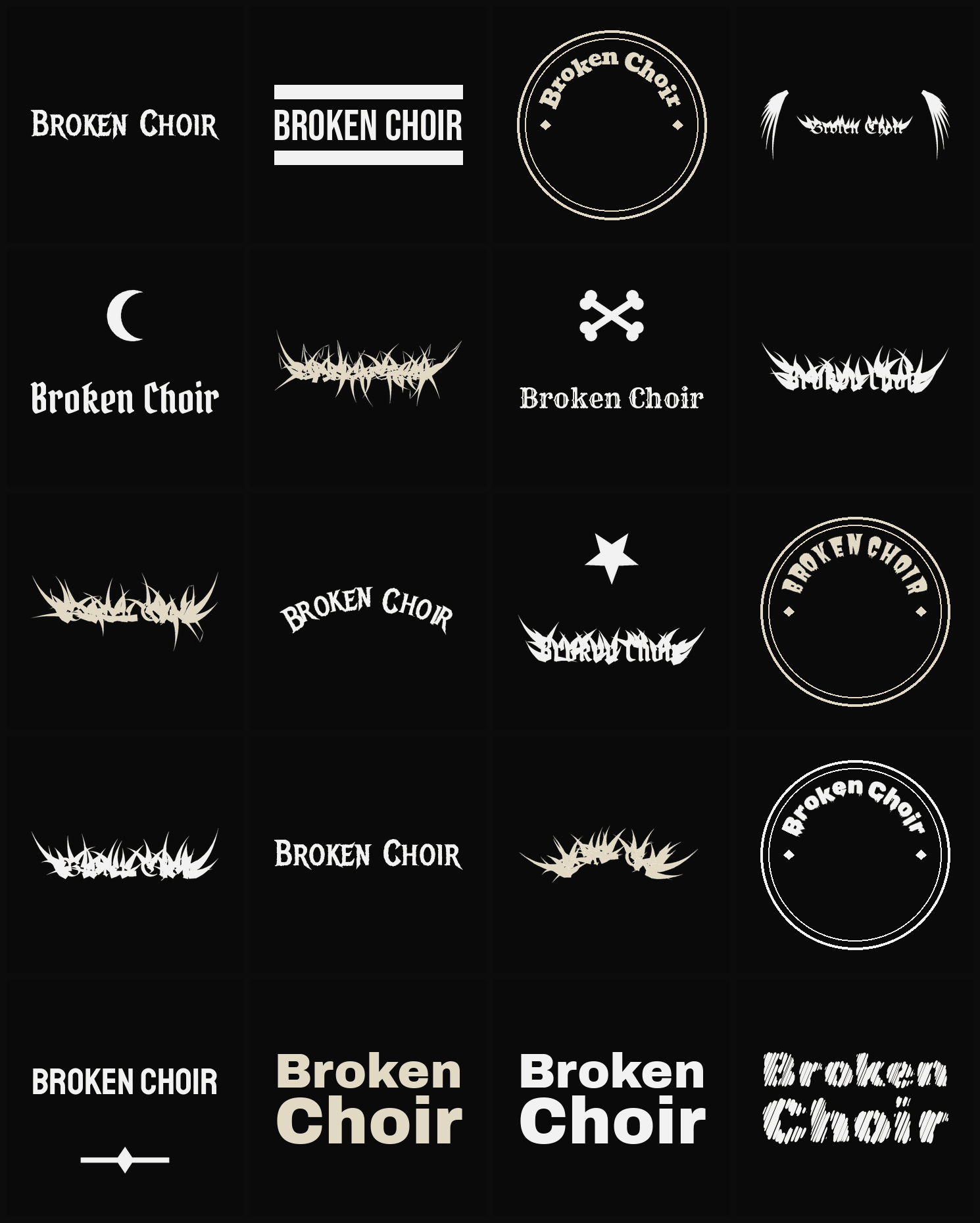 Twenty Broken Choir band logo ideas — different faces, treatments and spike settings