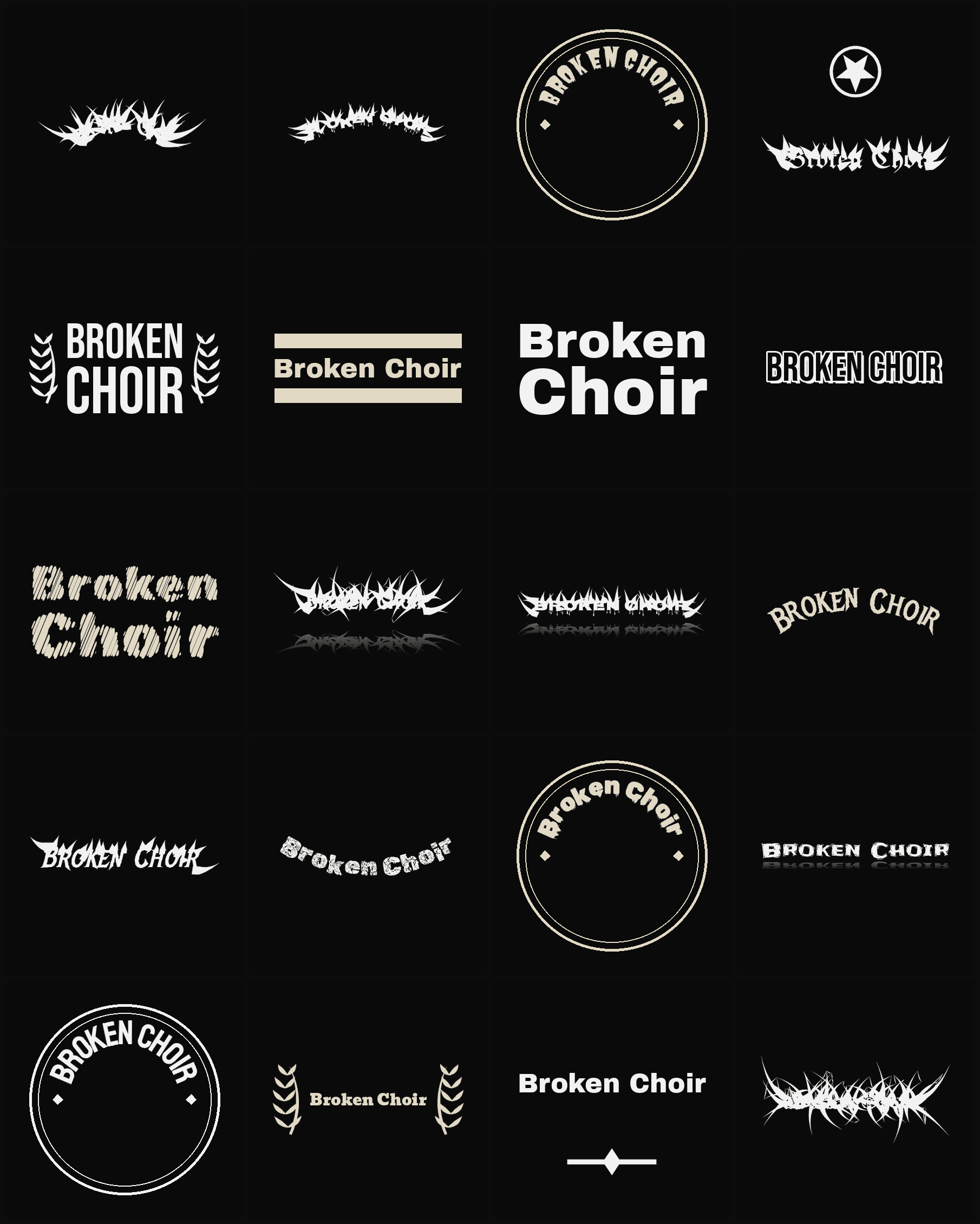 Twenty Broken Choir band logo ideas — different faces, treatments and spike settings