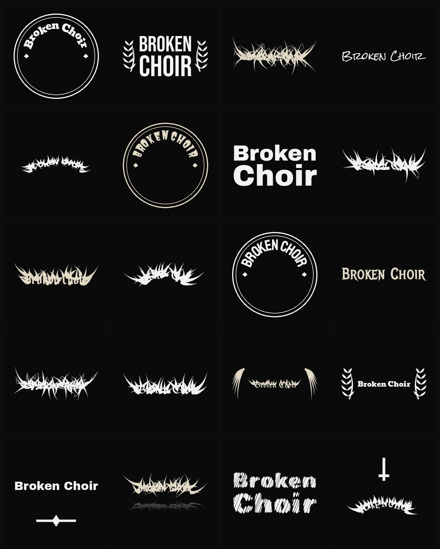 Twenty Broken Choir band logo ideas — different faces, treatments and spike settings