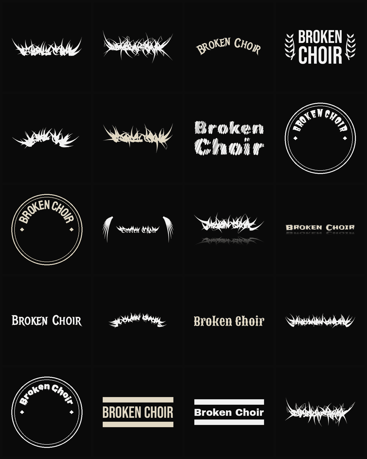 Twenty Broken Choir band logo ideas — different faces, treatments and spike settings