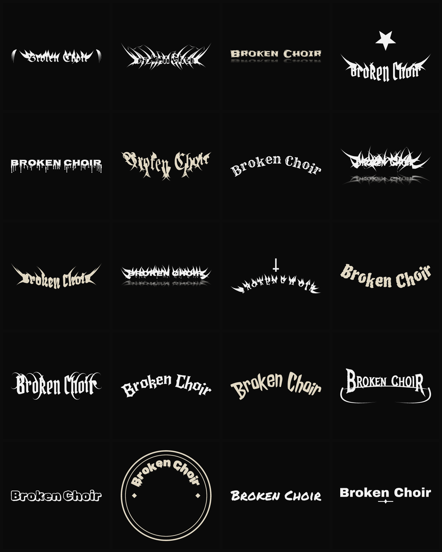 Twenty Broken Choir band logo ideas — different faces, treatments and spike settings