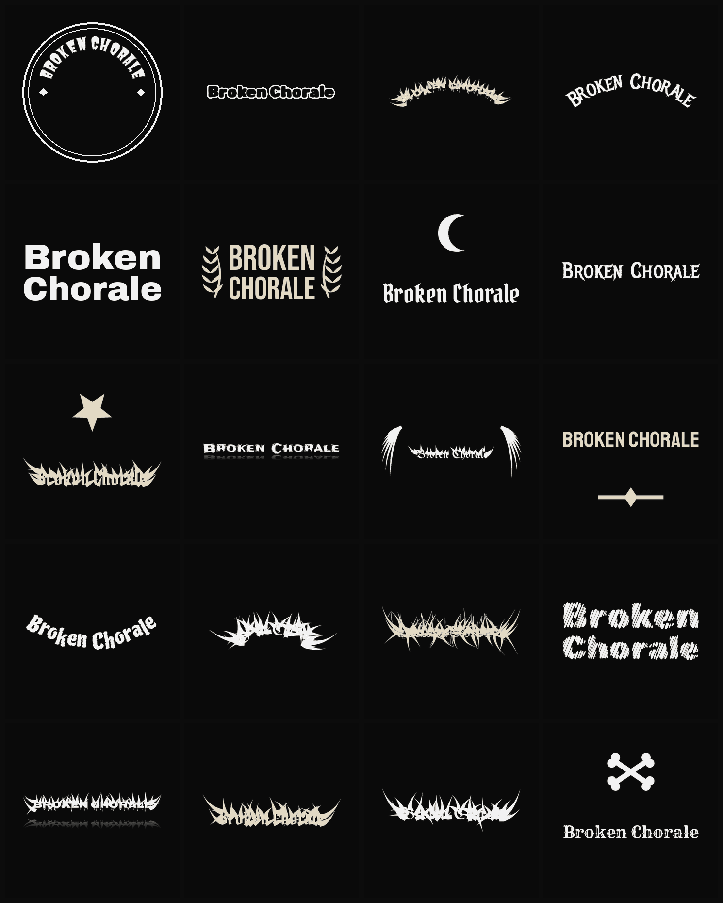 Twenty Broken Chorale band logo ideas — different faces, treatments and spike settings