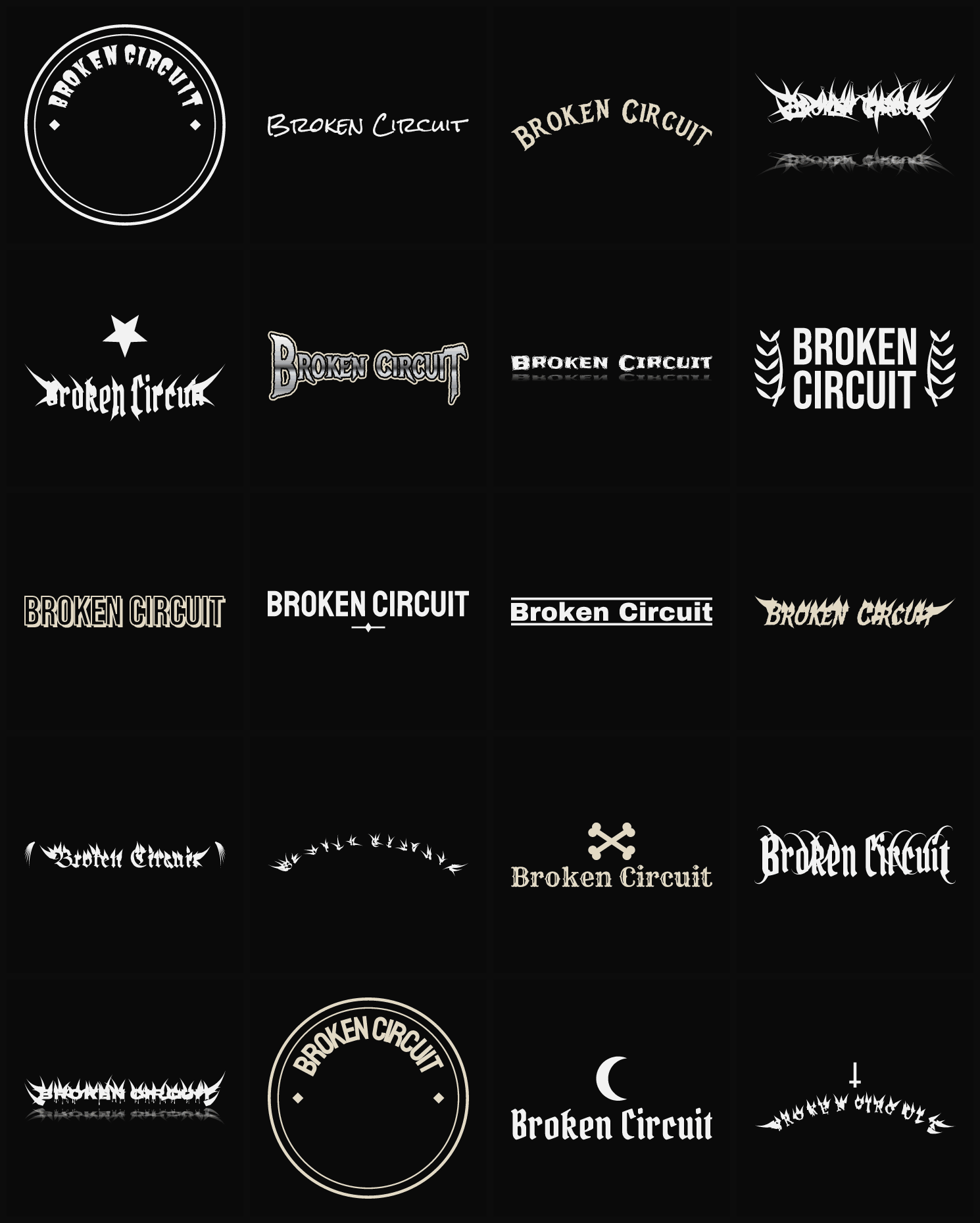Twenty Broken Circuit band logo ideas — different faces, treatments and spike settings