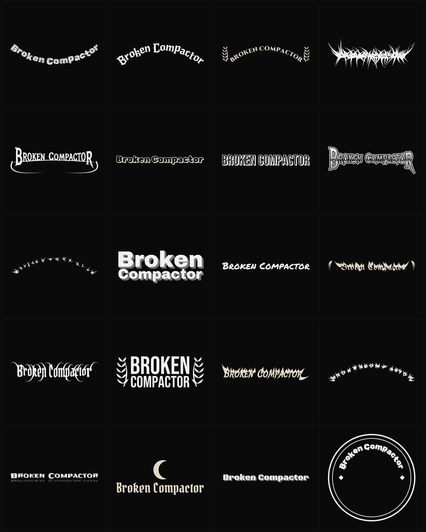 Twenty Broken Compactor band logo ideas — different faces, treatments and spike settings