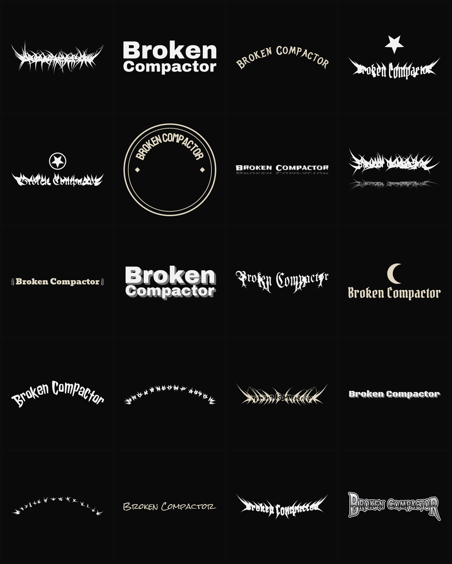 Twenty Broken Compactor band logo ideas — different faces, treatments and spike settings