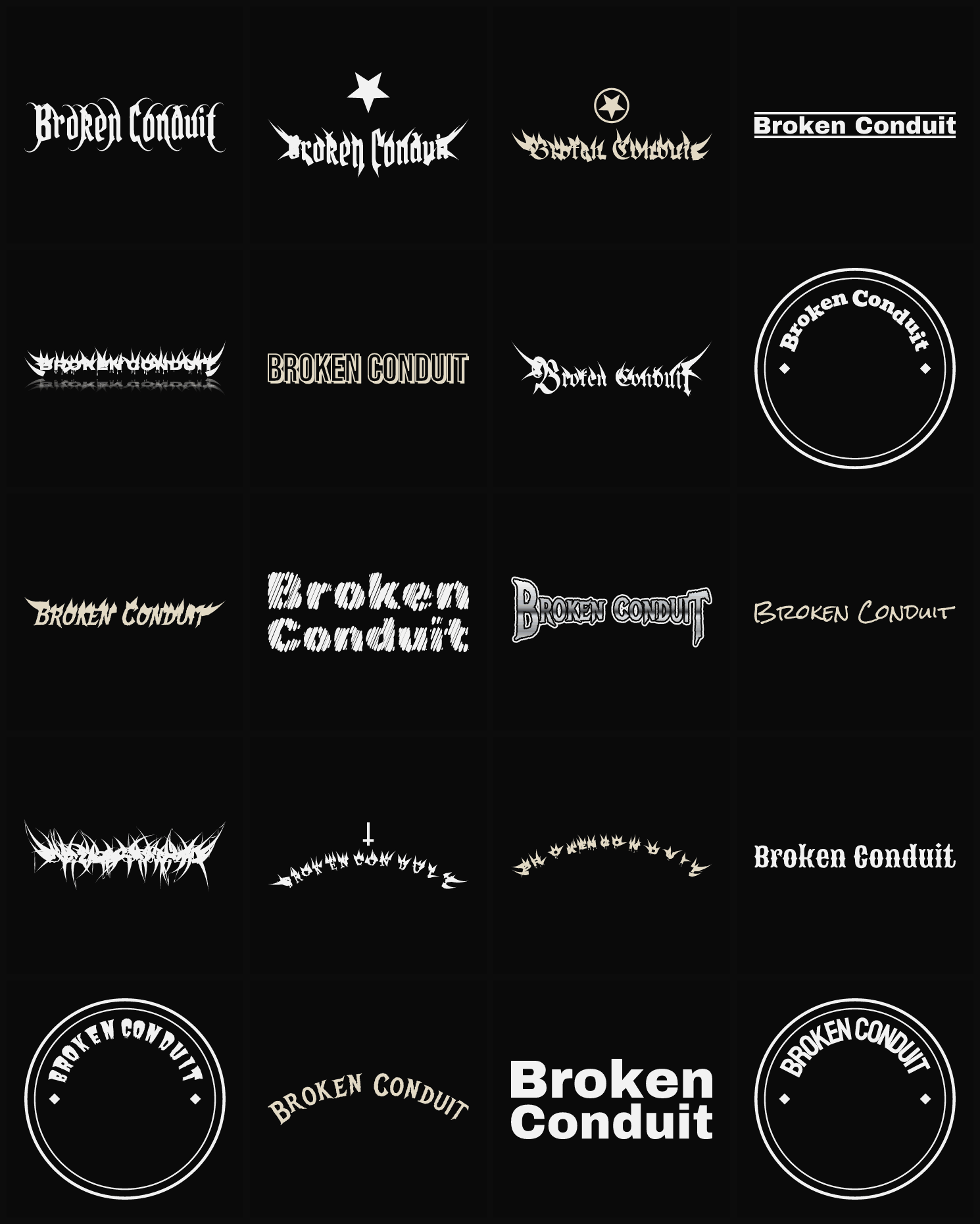 Twenty Broken Conduit band logo ideas — different faces, treatments and spike settings