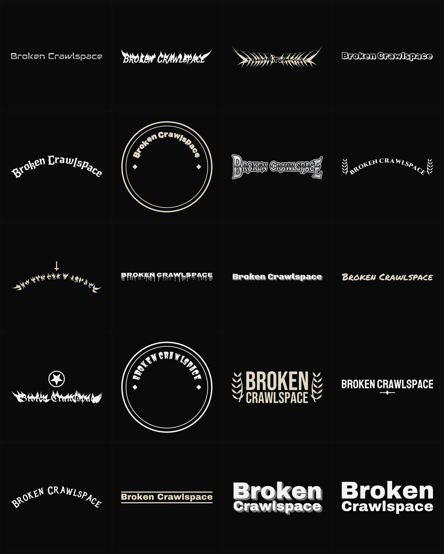 Twenty Broken Crawlspace band logo ideas — different faces, treatments and spike settings