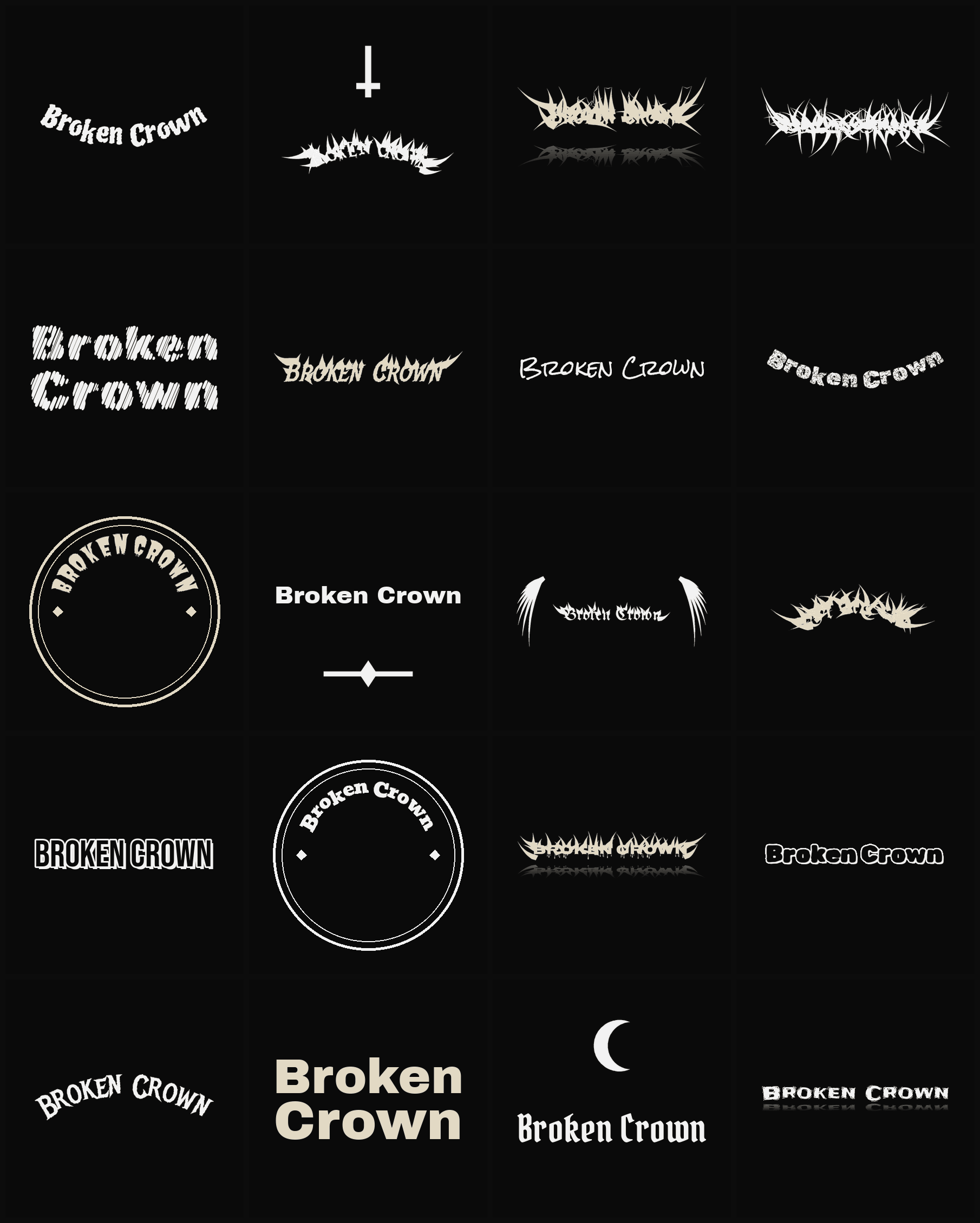 Twenty Broken Crown band logo ideas — different faces, treatments and spike settings