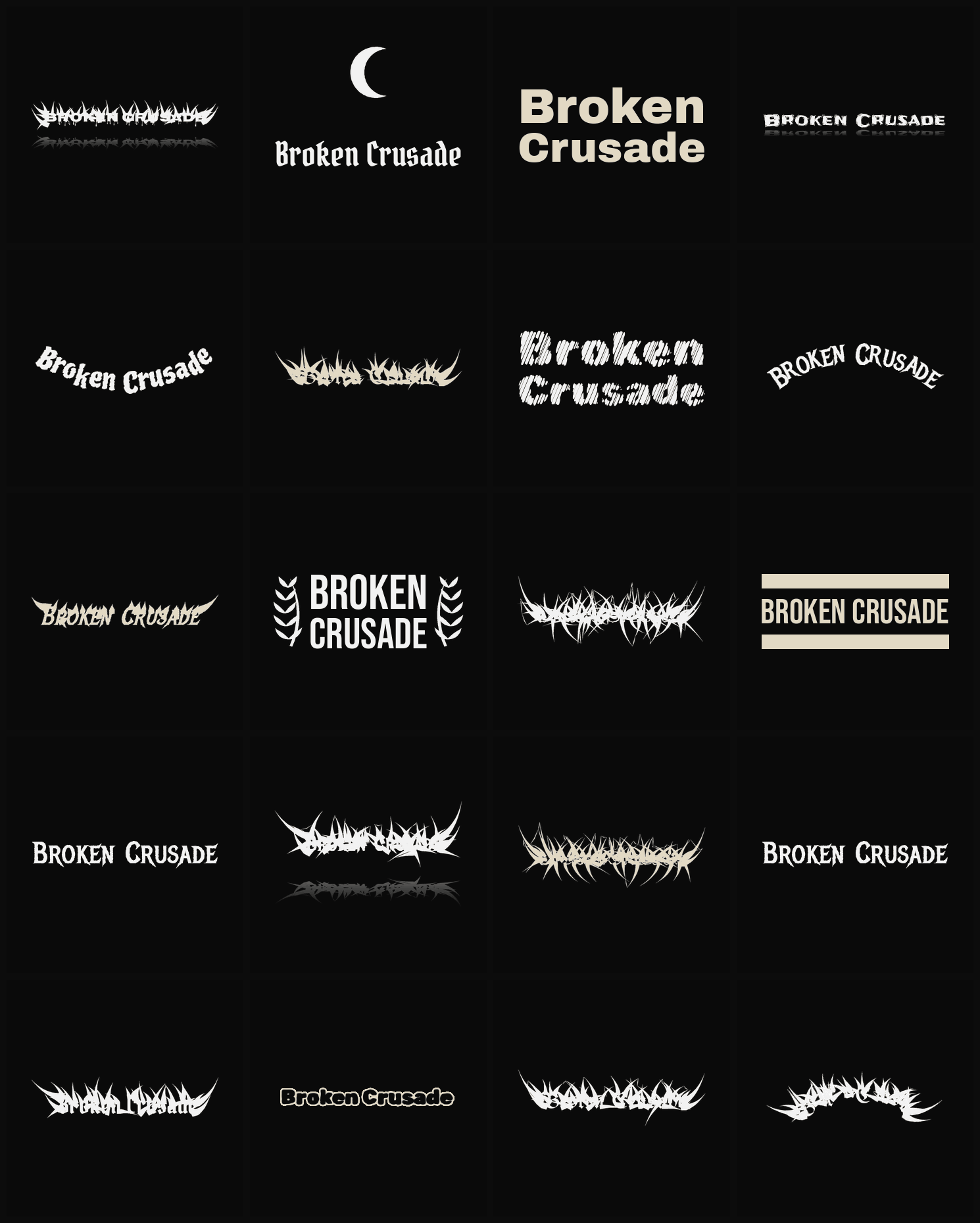 Twenty Broken Crusade band logo ideas — different faces, treatments and spike settings