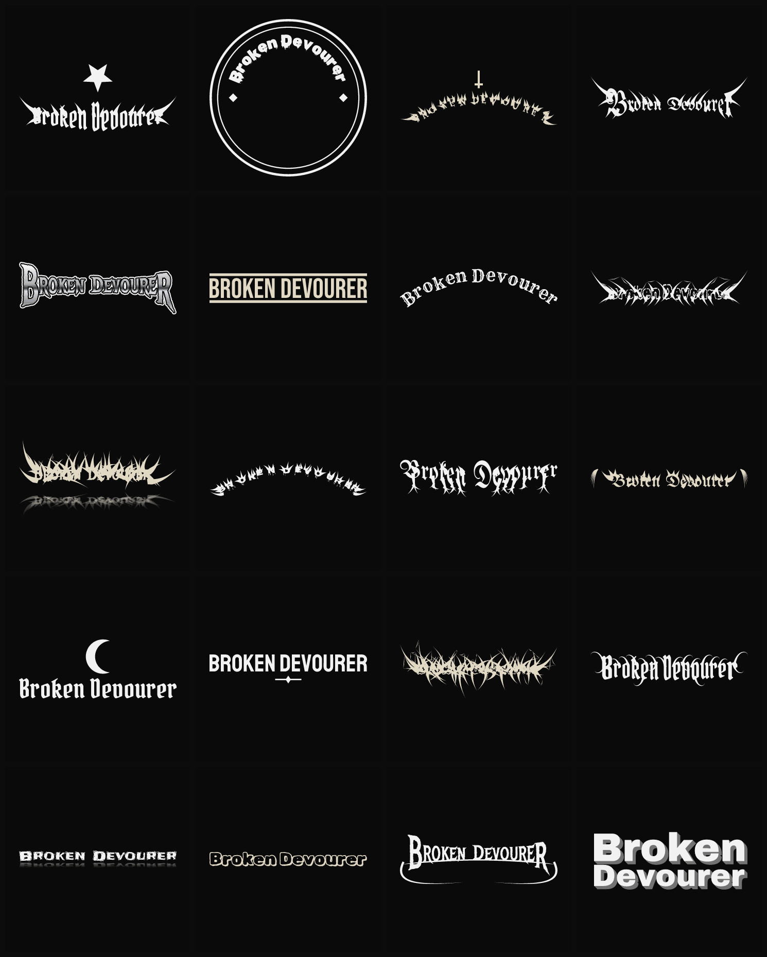 Twenty Broken Devourer band logo ideas — different faces, treatments and spike settings
