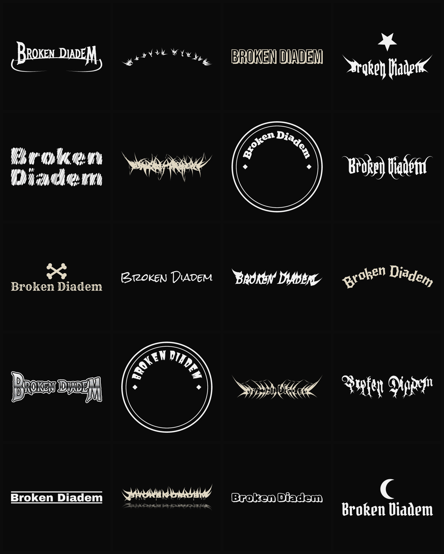 Twenty Broken Diadem band logo ideas — different faces, treatments and spike settings