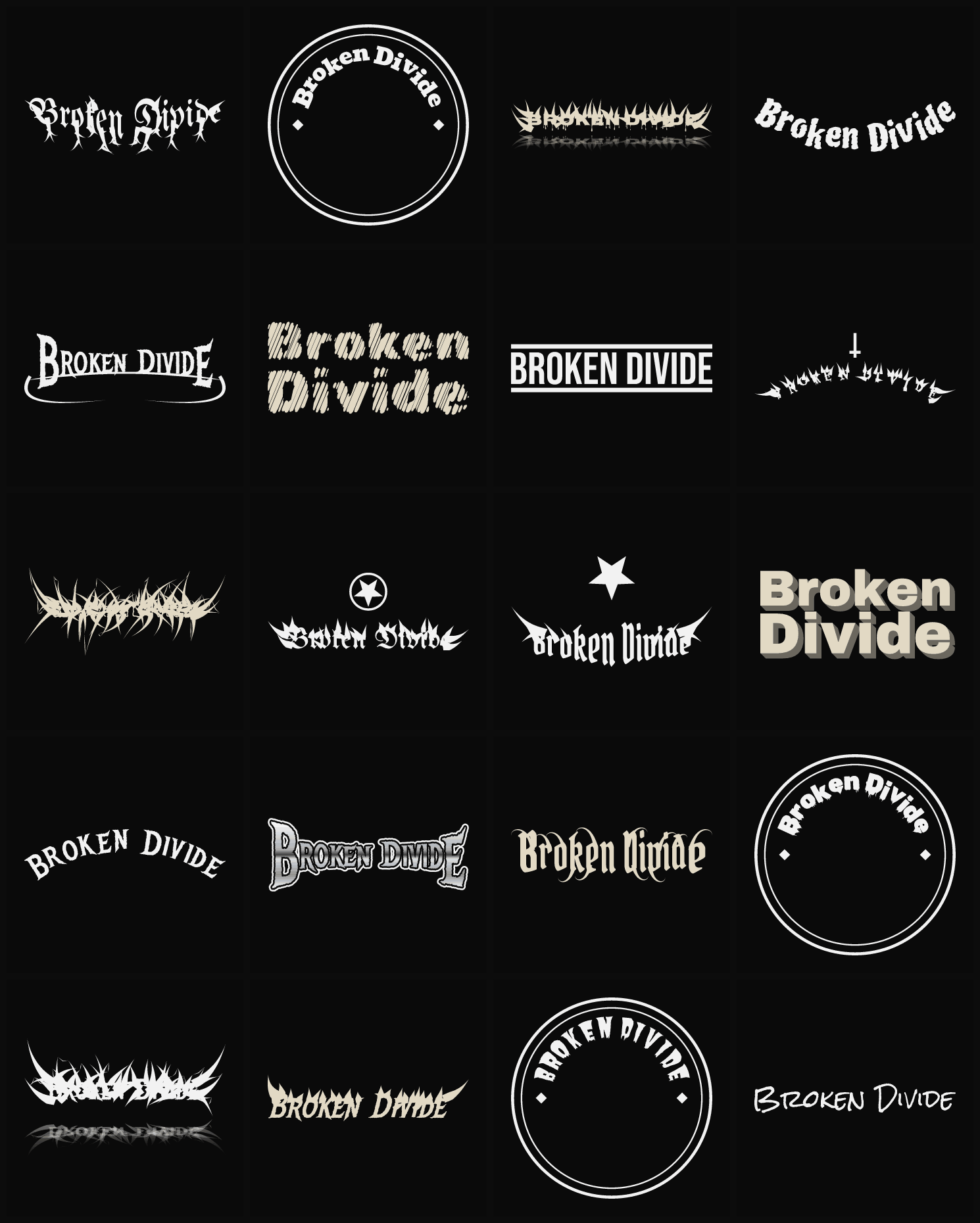 Twenty Broken Divide band logo ideas — different faces, treatments and spike settings