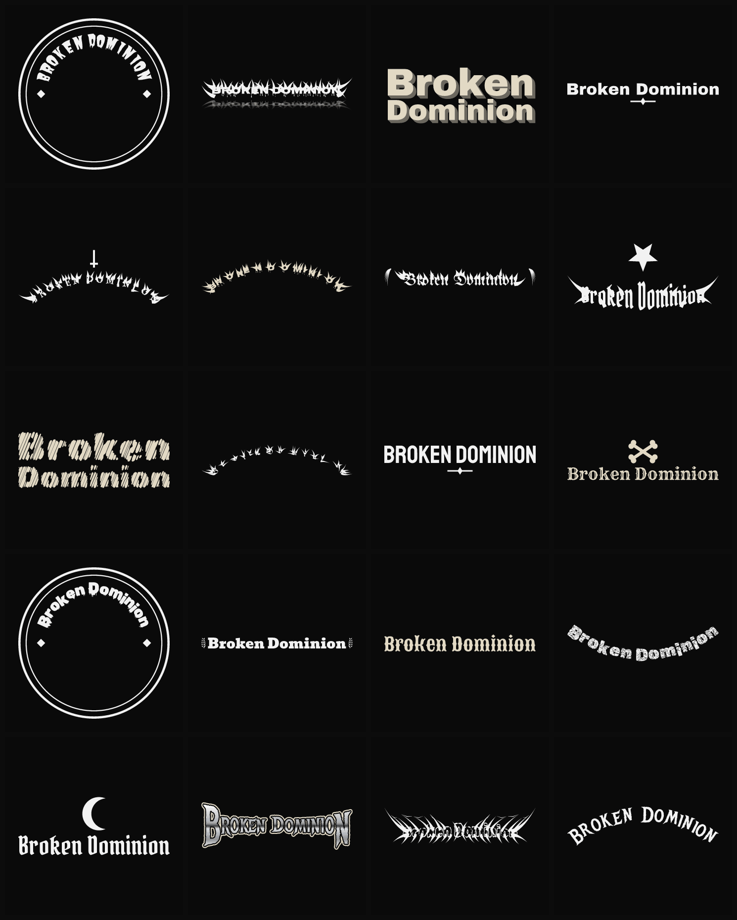 Twenty Broken Dominion band logo ideas — different faces, treatments and spike settings