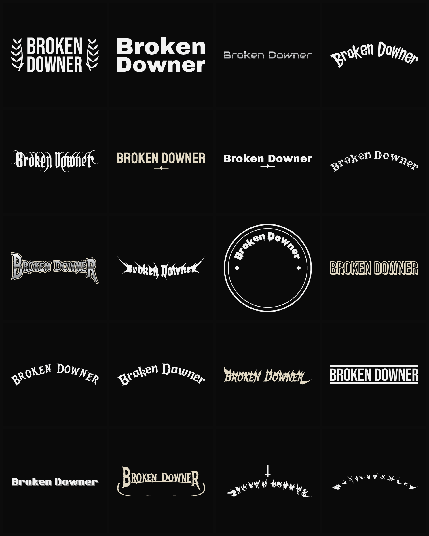 Twenty Broken Downer band logo ideas — different faces, treatments and spike settings