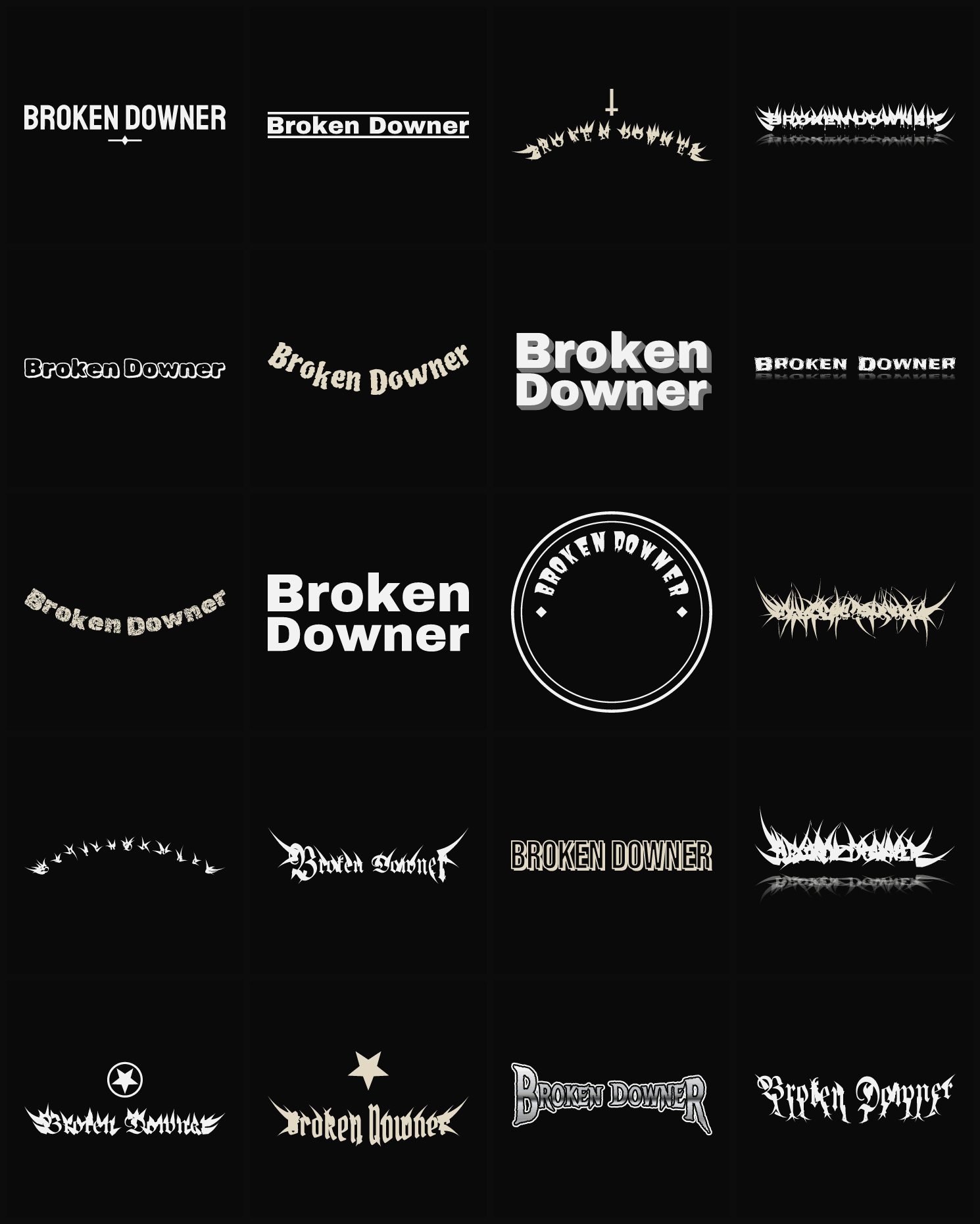 Twenty Broken Downer band logo ideas — different faces, treatments and spike settings