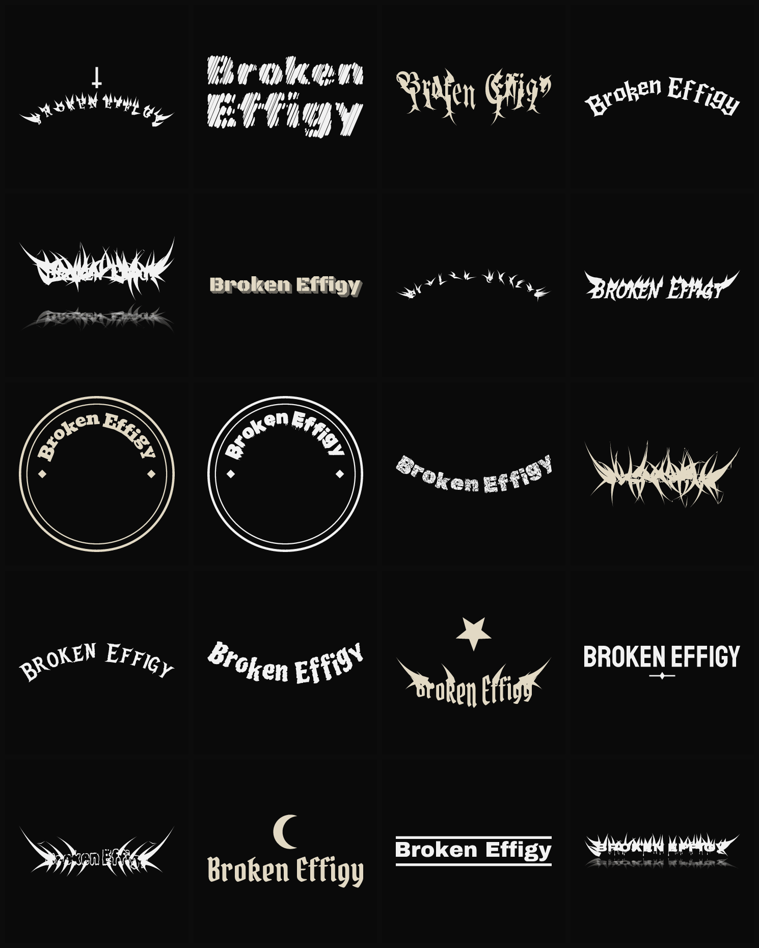 Twenty Broken Effigy band logo ideas — different faces, treatments and spike settings