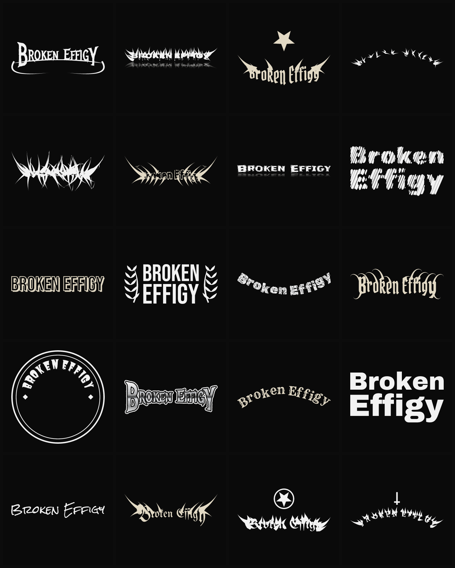 Twenty Broken Effigy band logo ideas — different faces, treatments and spike settings