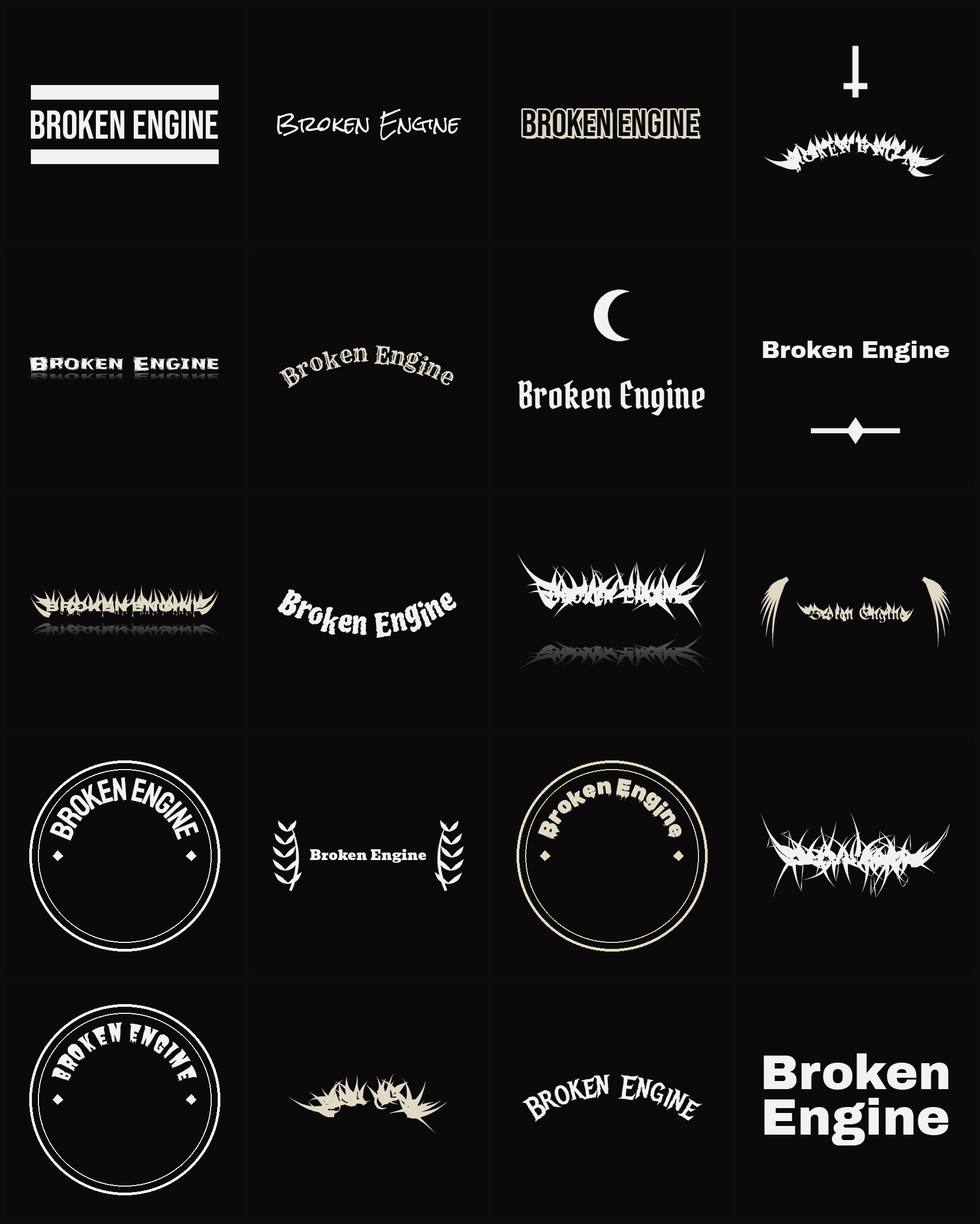 Twenty Broken Engine band logo ideas — different faces, treatments and spike settings