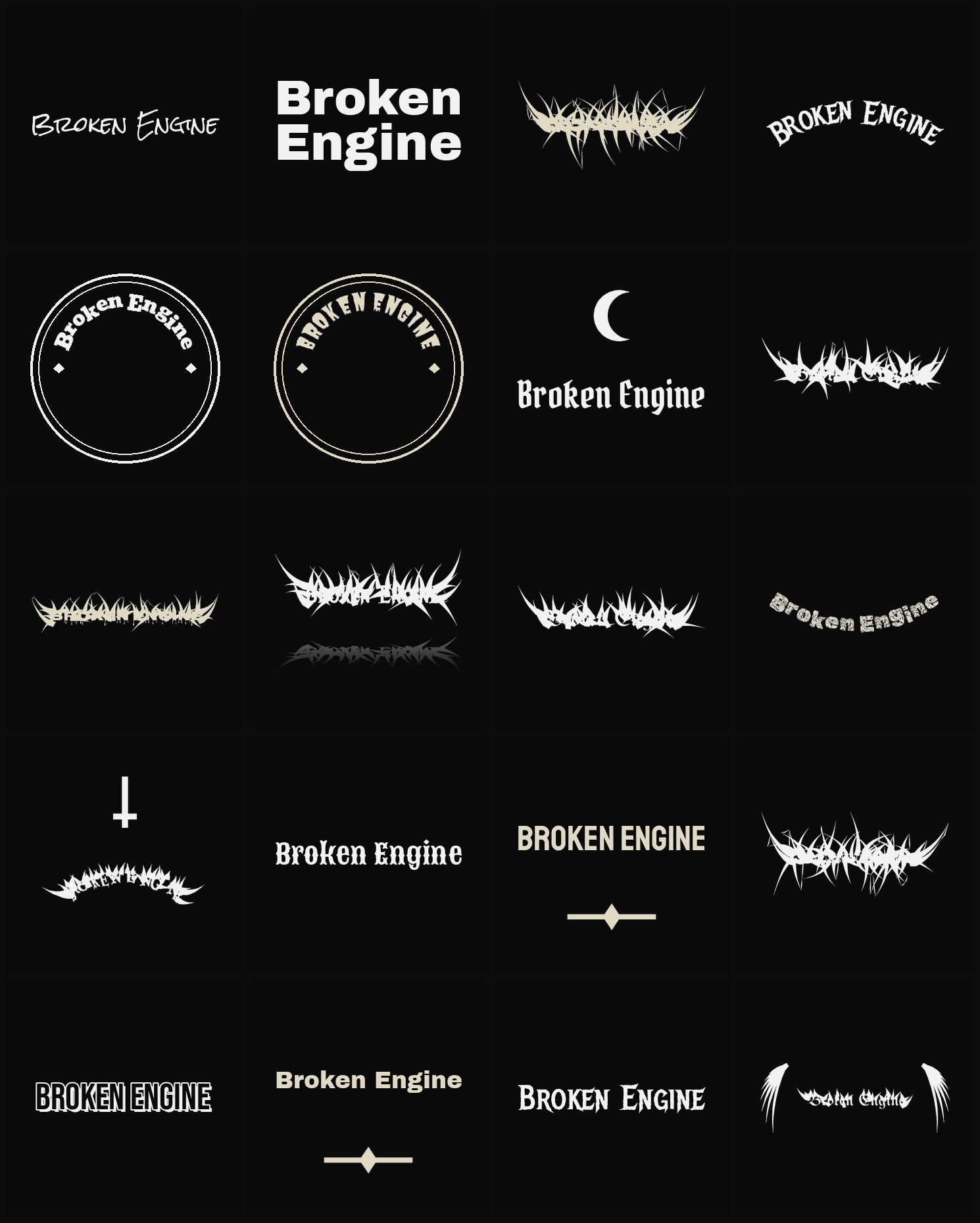 Twenty Broken Engine band logo ideas — different faces, treatments and spike settings