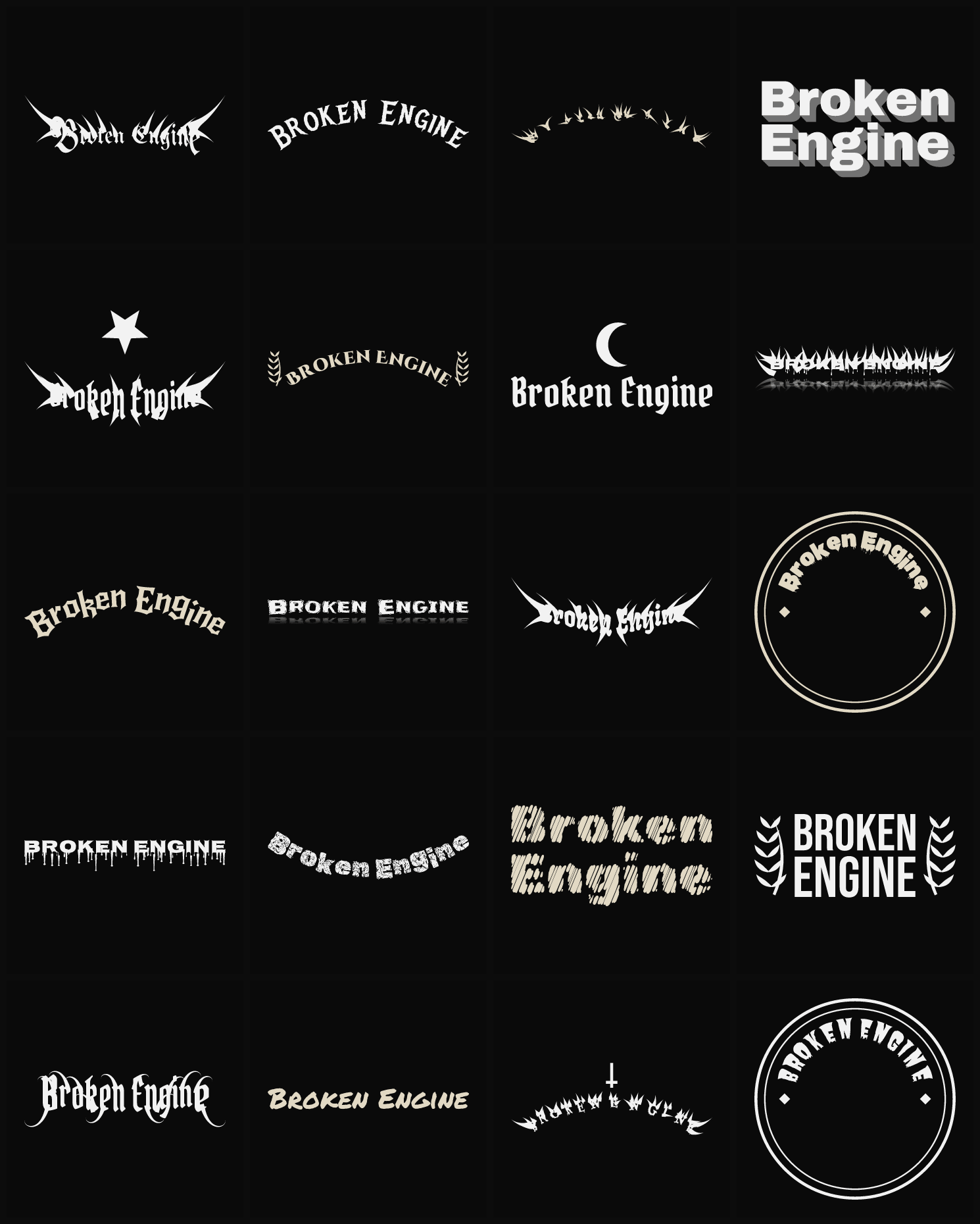 Twenty Broken Engine band logo ideas — different faces, treatments and spike settings