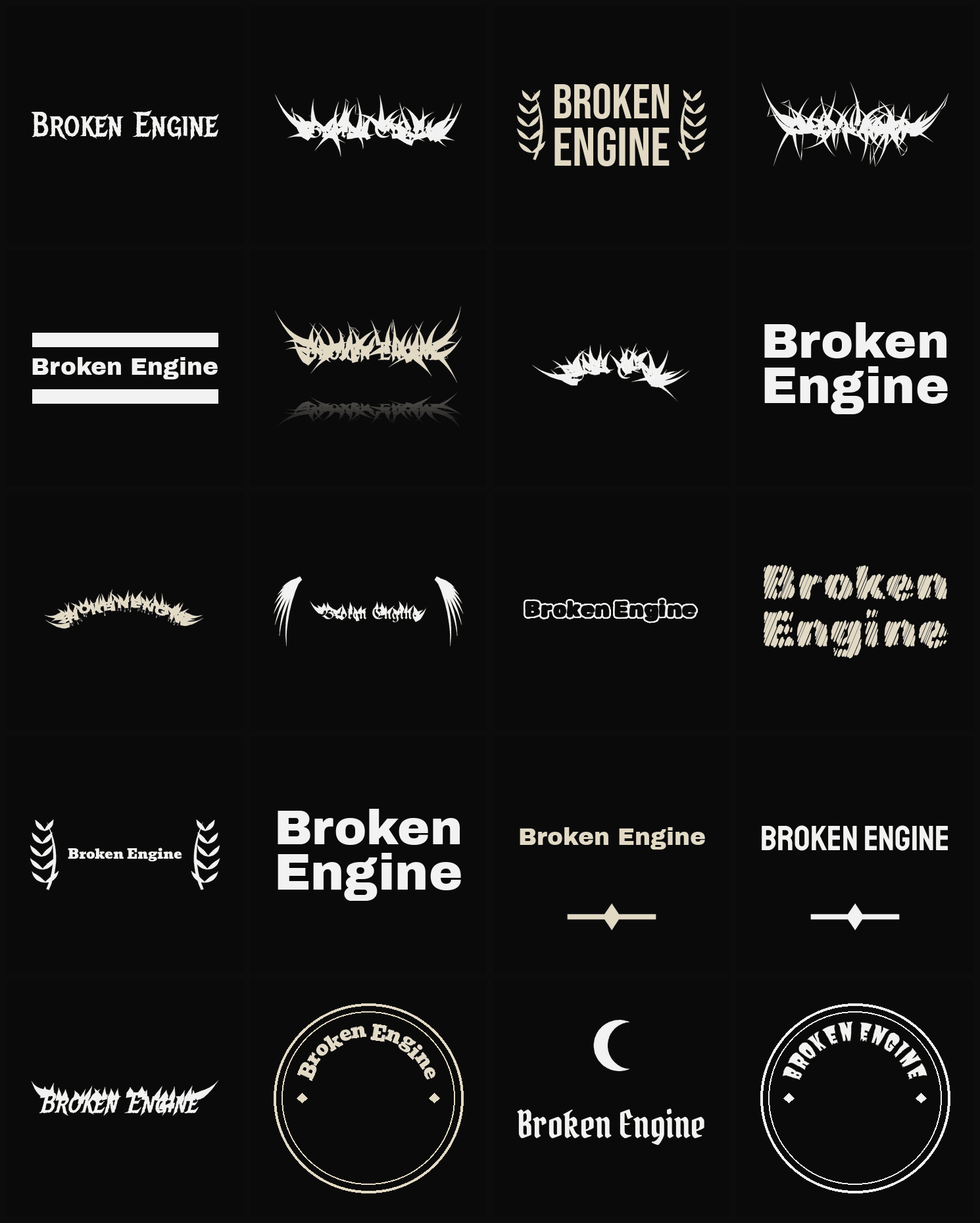 Twenty Broken Engine band logo ideas — different faces, treatments and spike settings