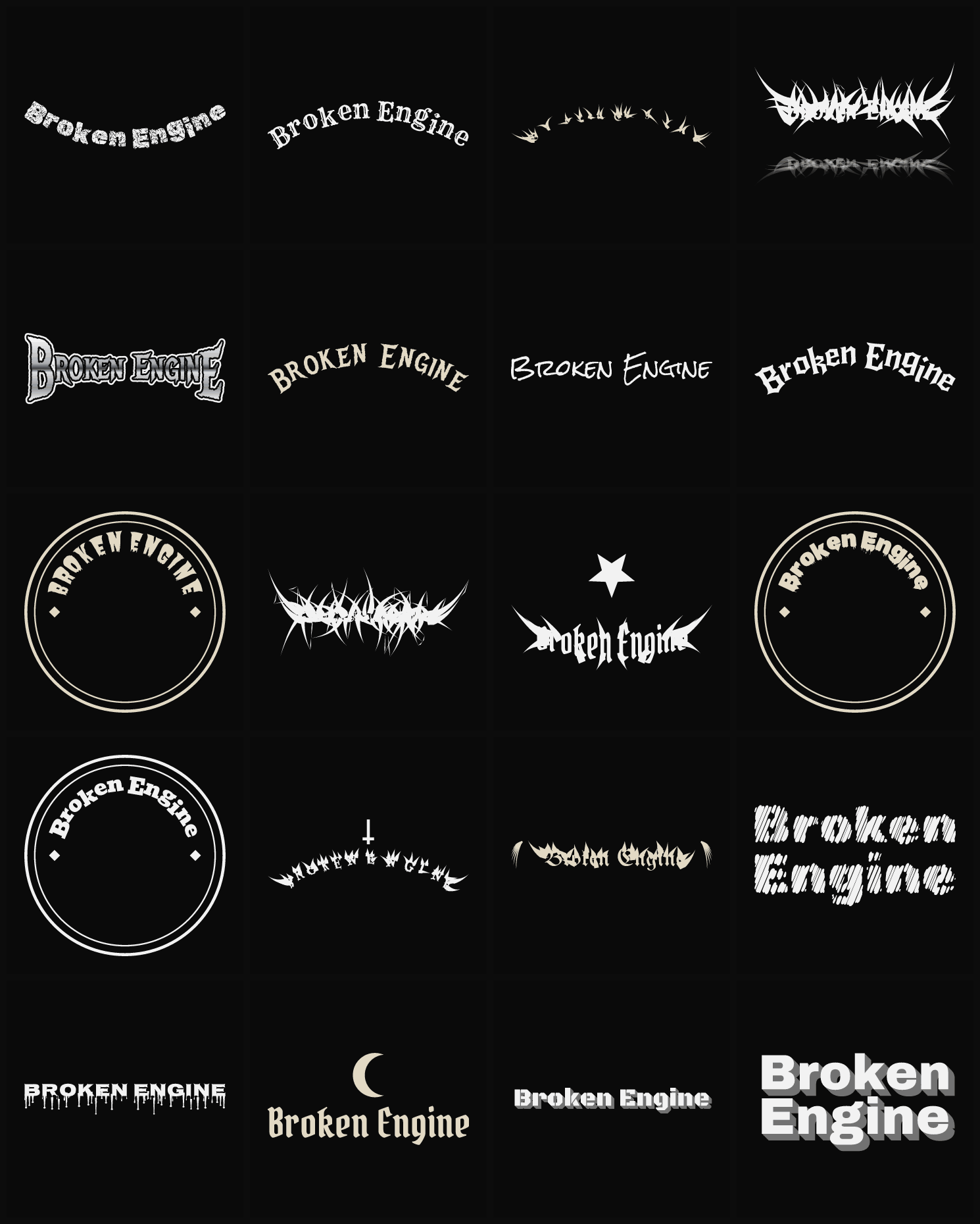 Twenty Broken Engine band logo ideas — different faces, treatments and spike settings