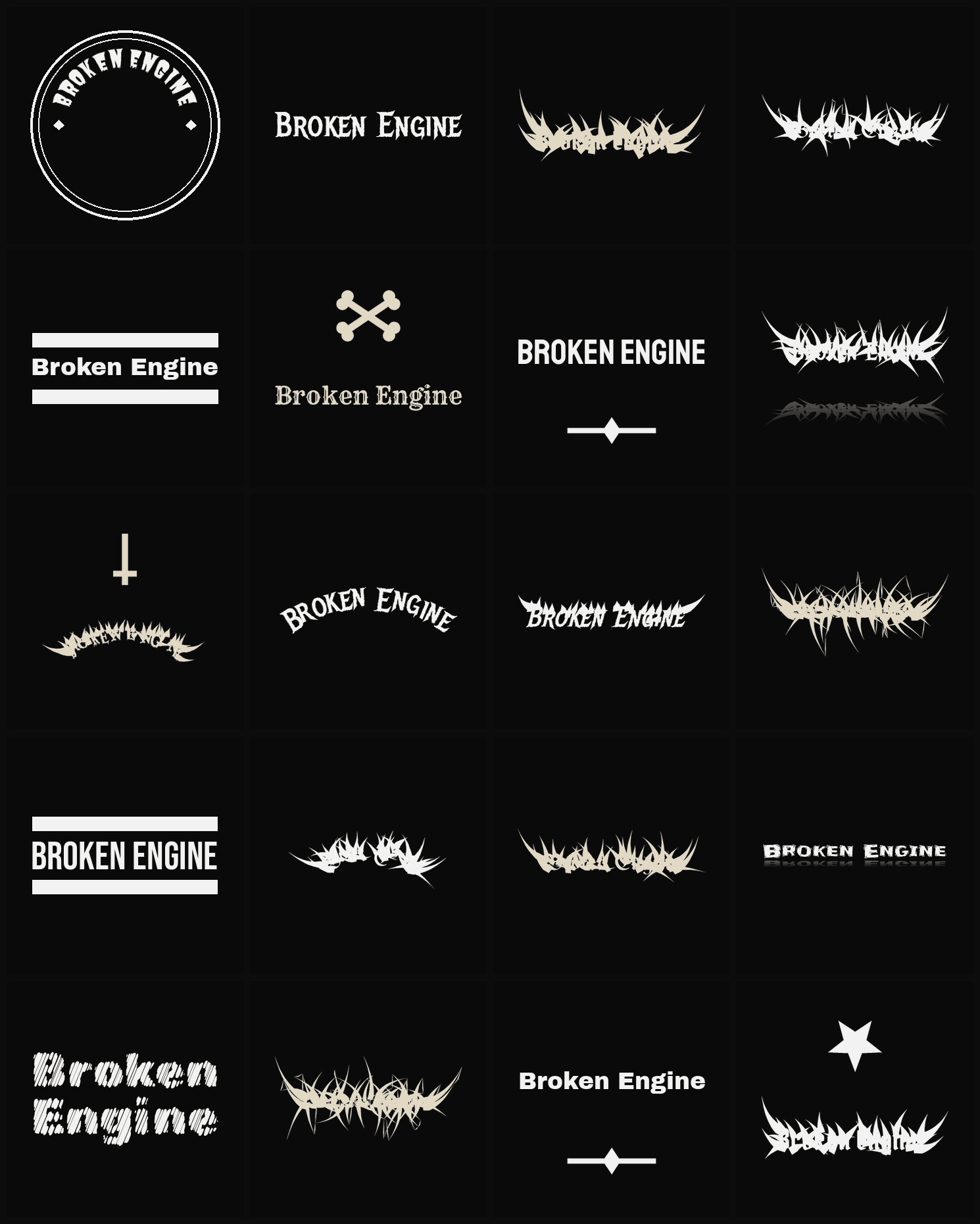 Twenty Broken Engine band logo ideas — different faces, treatments and spike settings