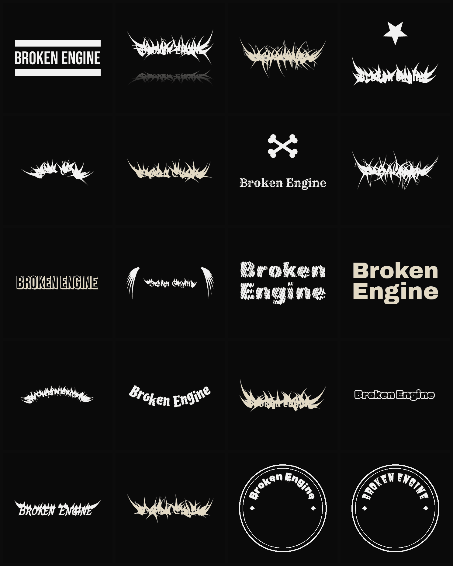Twenty Broken Engine band logo ideas — different faces, treatments and spike settings