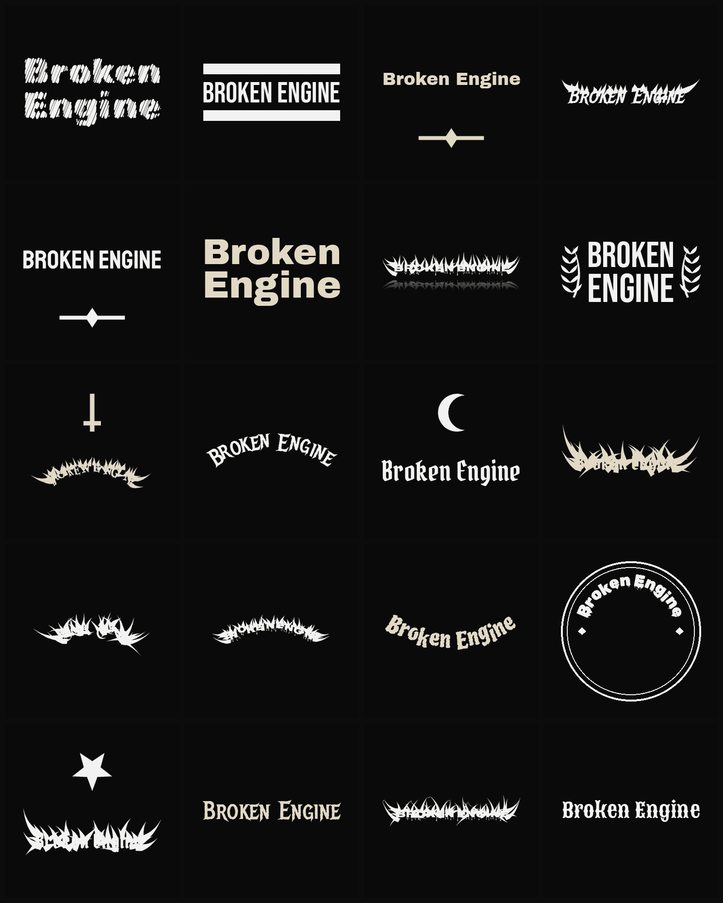 Twenty Broken Engine band logo ideas — different faces, treatments and spike settings