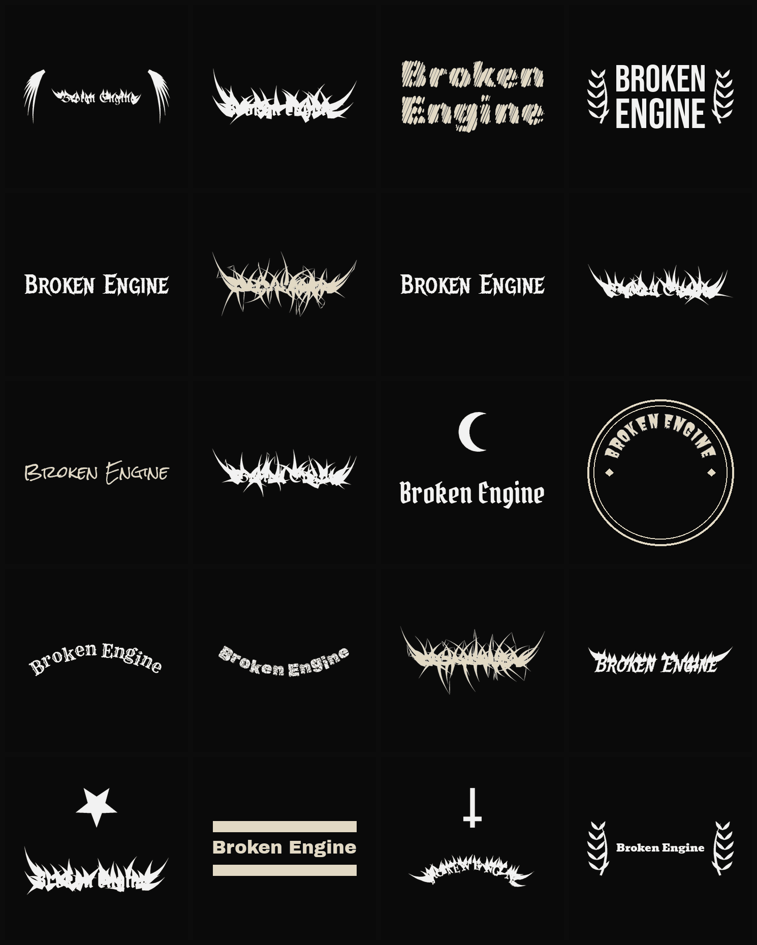 Twenty Broken Engine band logo ideas — different faces, treatments and spike settings