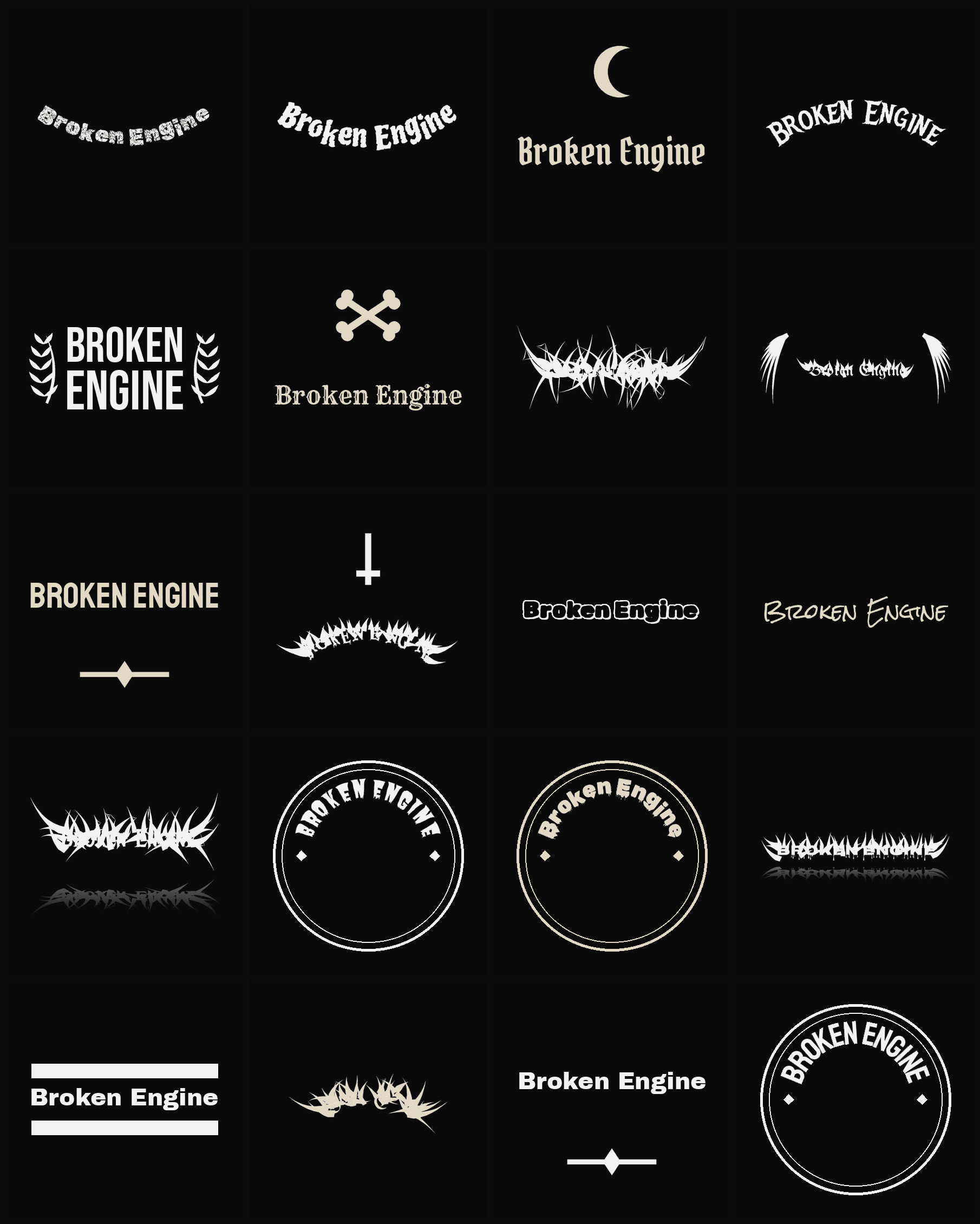 Twenty Broken Engine band logo ideas — different faces, treatments and spike settings