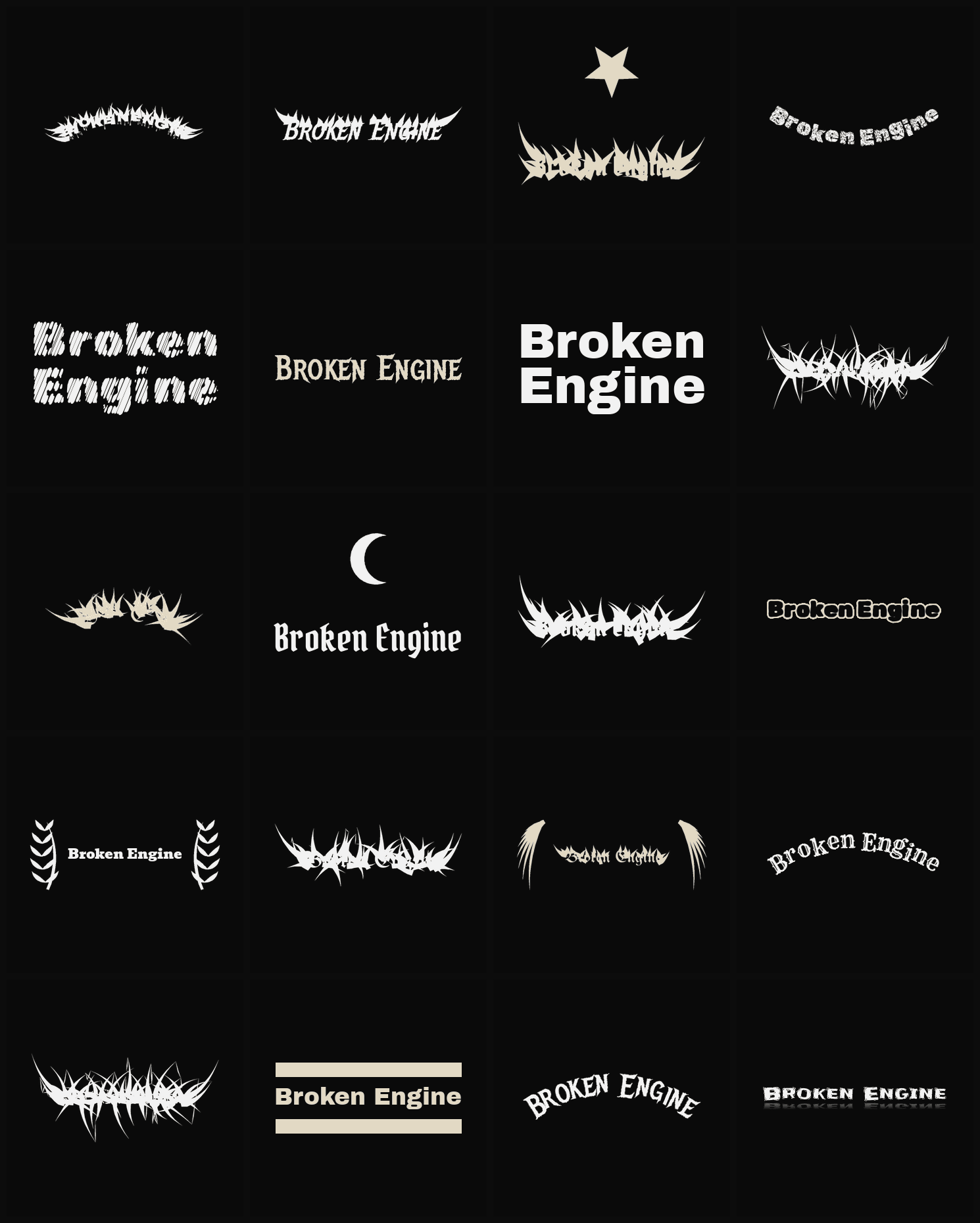 Twenty Broken Engine band logo ideas — different faces, treatments and spike settings