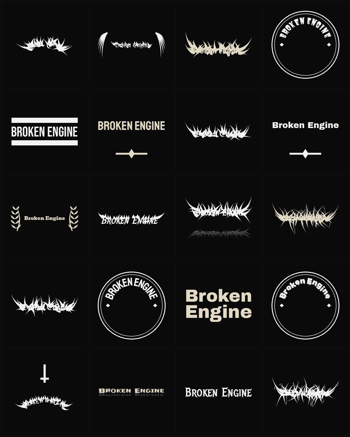 Twenty Broken Engine band logo ideas — different faces, treatments and spike settings