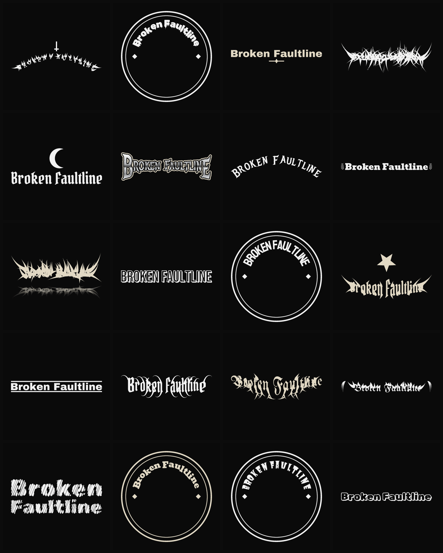 Twenty Broken Faultline band logo ideas — different faces, treatments and spike settings