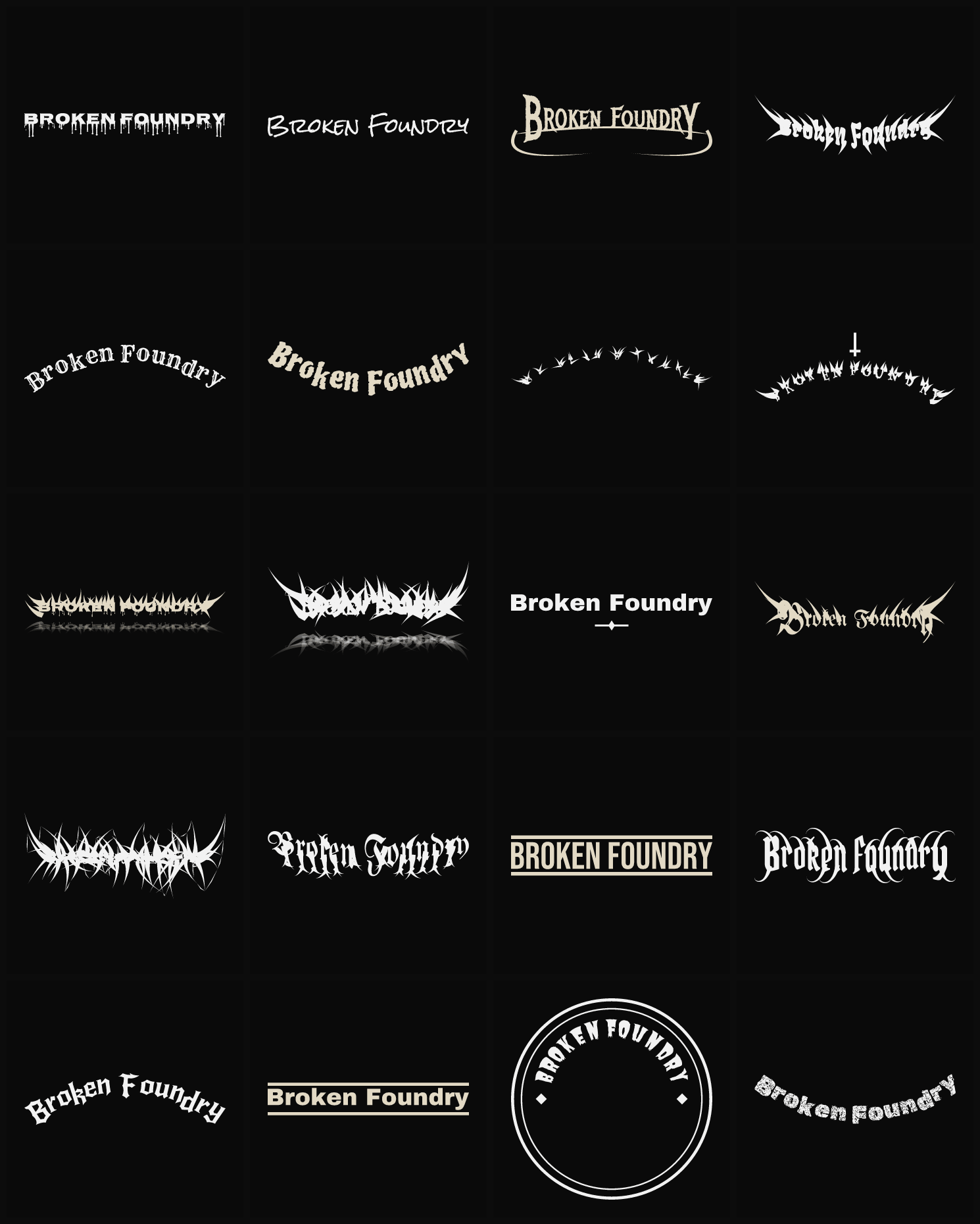 Twenty Broken Foundry band logo ideas — different faces, treatments and spike settings