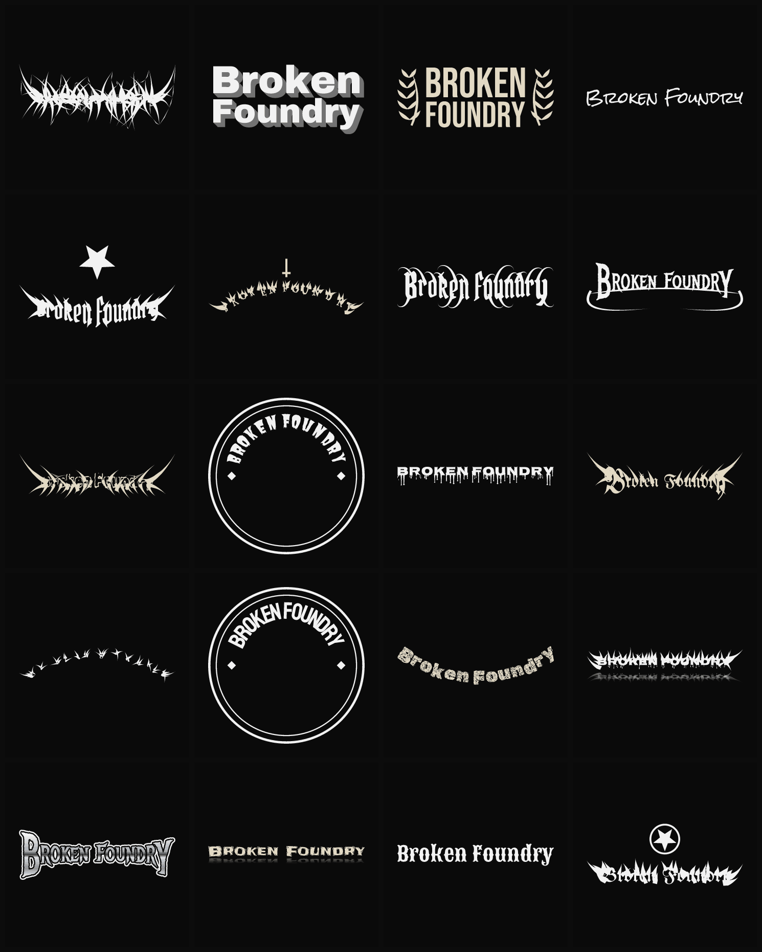 Twenty Broken Foundry band logo ideas — different faces, treatments and spike settings