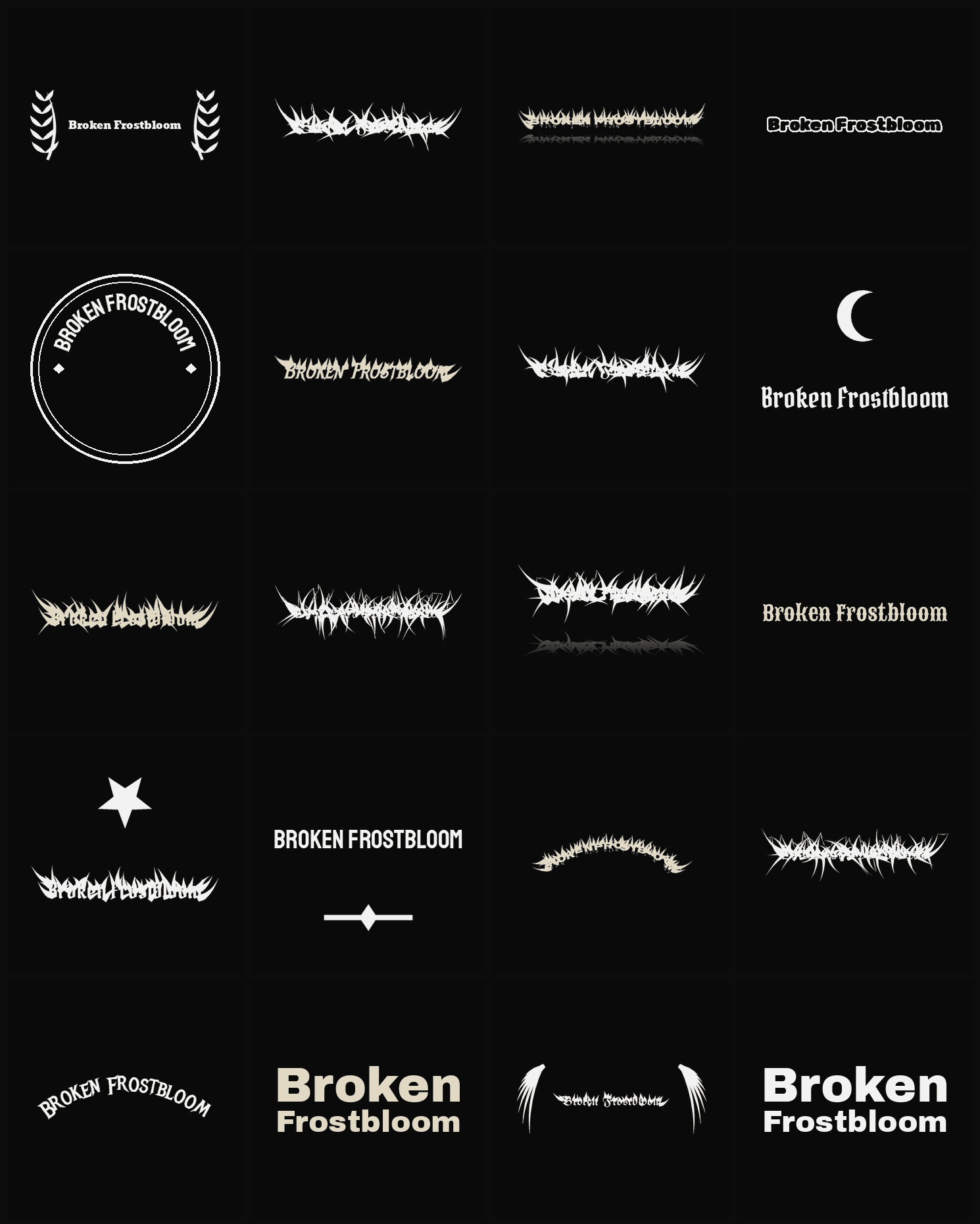 Twenty Broken Frostbloom band logo ideas — different faces, treatments and spike settings