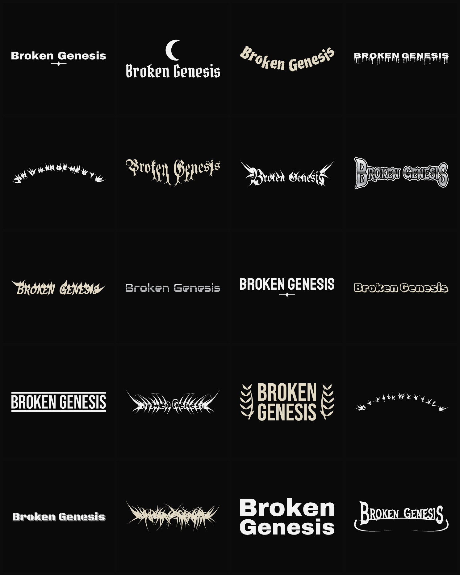 Twenty Broken Genesis band logo ideas — different faces, treatments and spike settings