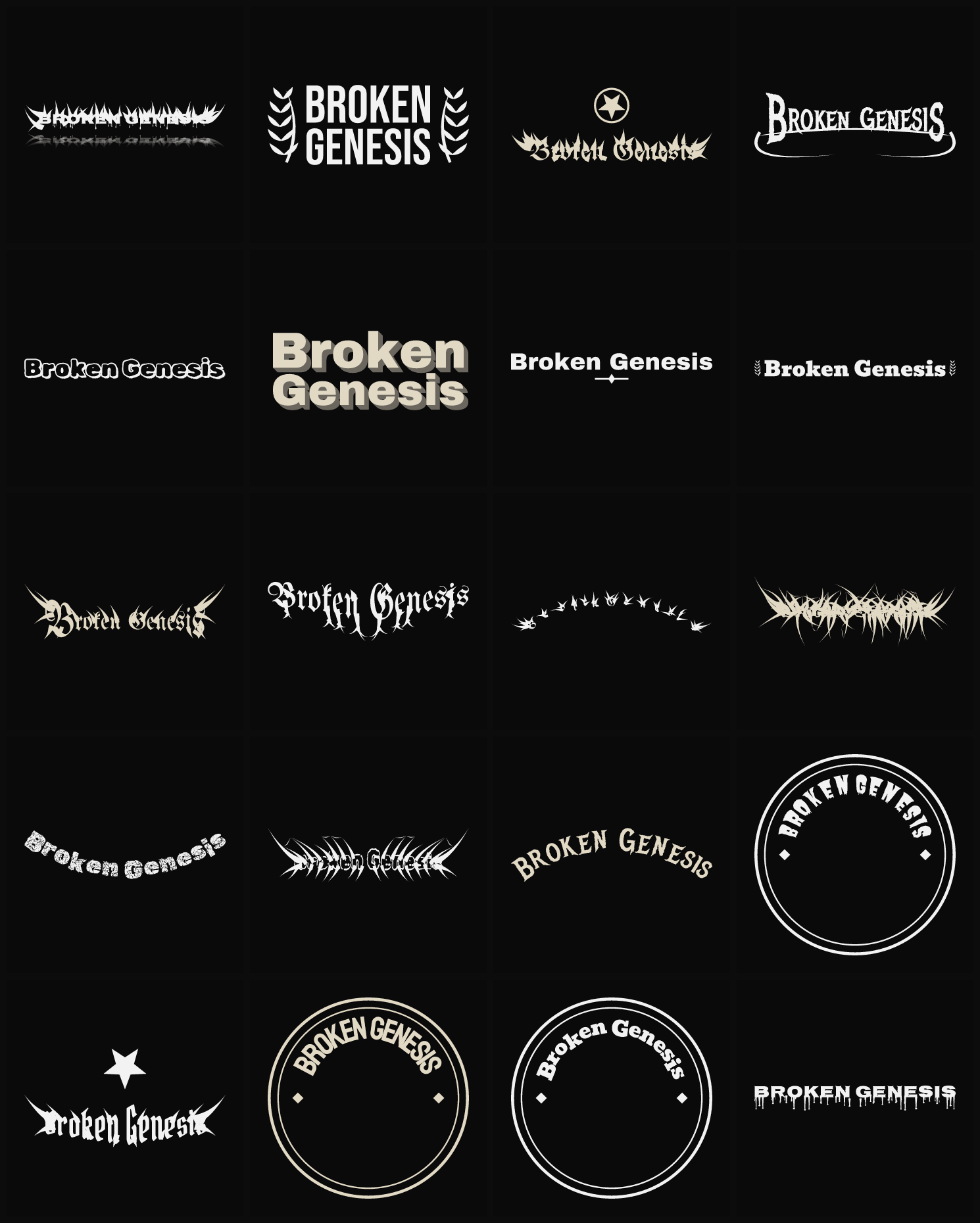 Twenty Broken Genesis band logo ideas — different faces, treatments and spike settings