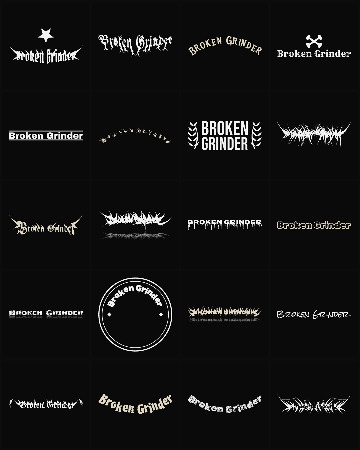 Twenty Broken Grinder band logo ideas — different faces, treatments and spike settings