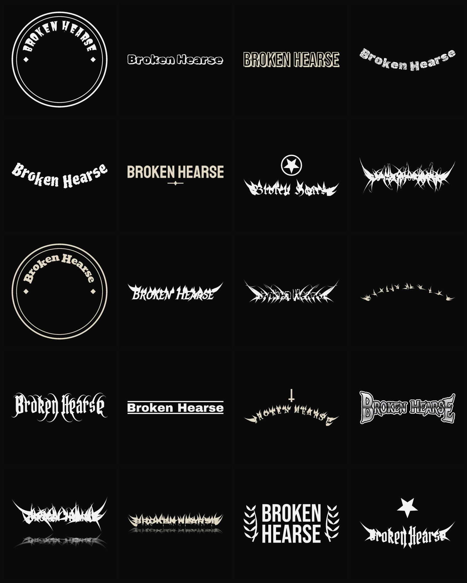 Twenty Broken Hearse band logo ideas — different faces, treatments and spike settings