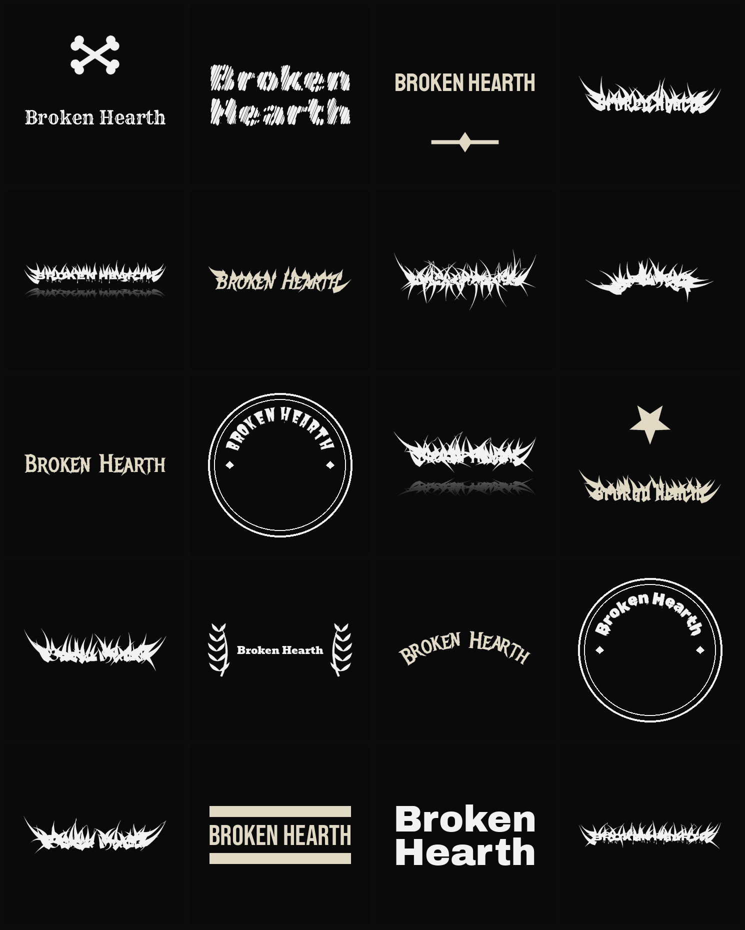 Twenty Broken Hearth band logo ideas — different faces, treatments and spike settings