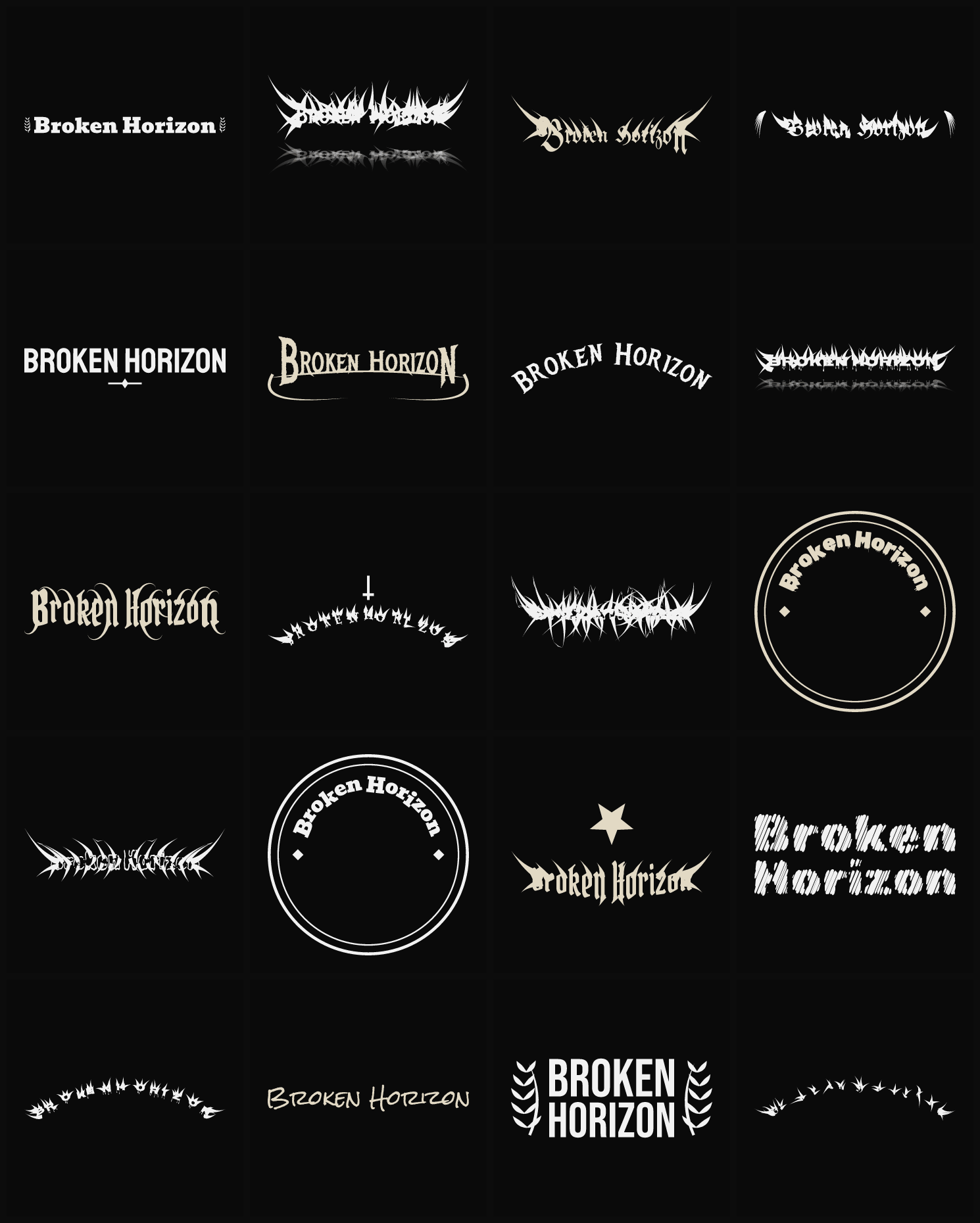Twenty Broken Horizon band logo ideas — different faces, treatments and spike settings